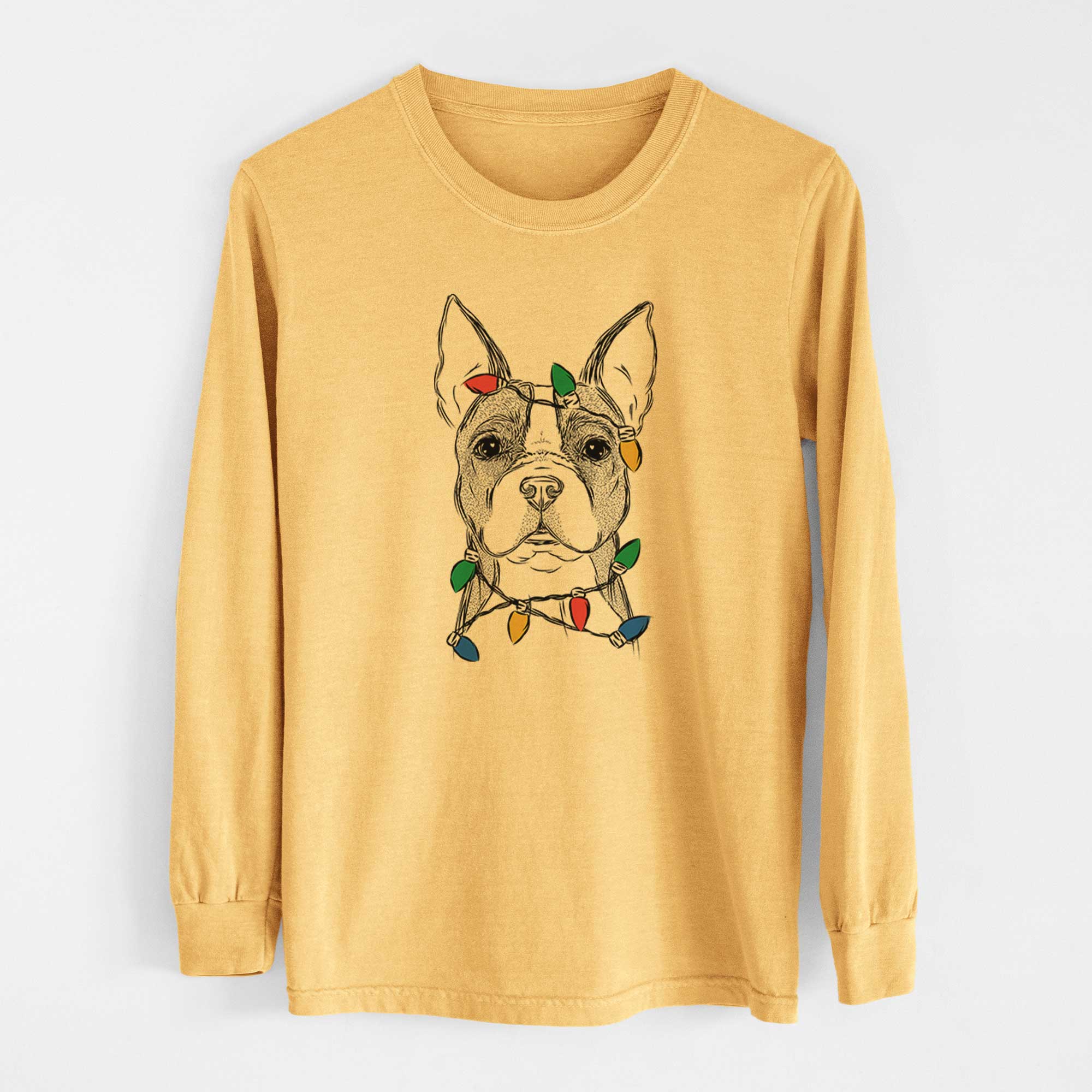 Christmas Lights Scout the Boston Terrier - Heavyweight 100% Cotton Long Sleeve