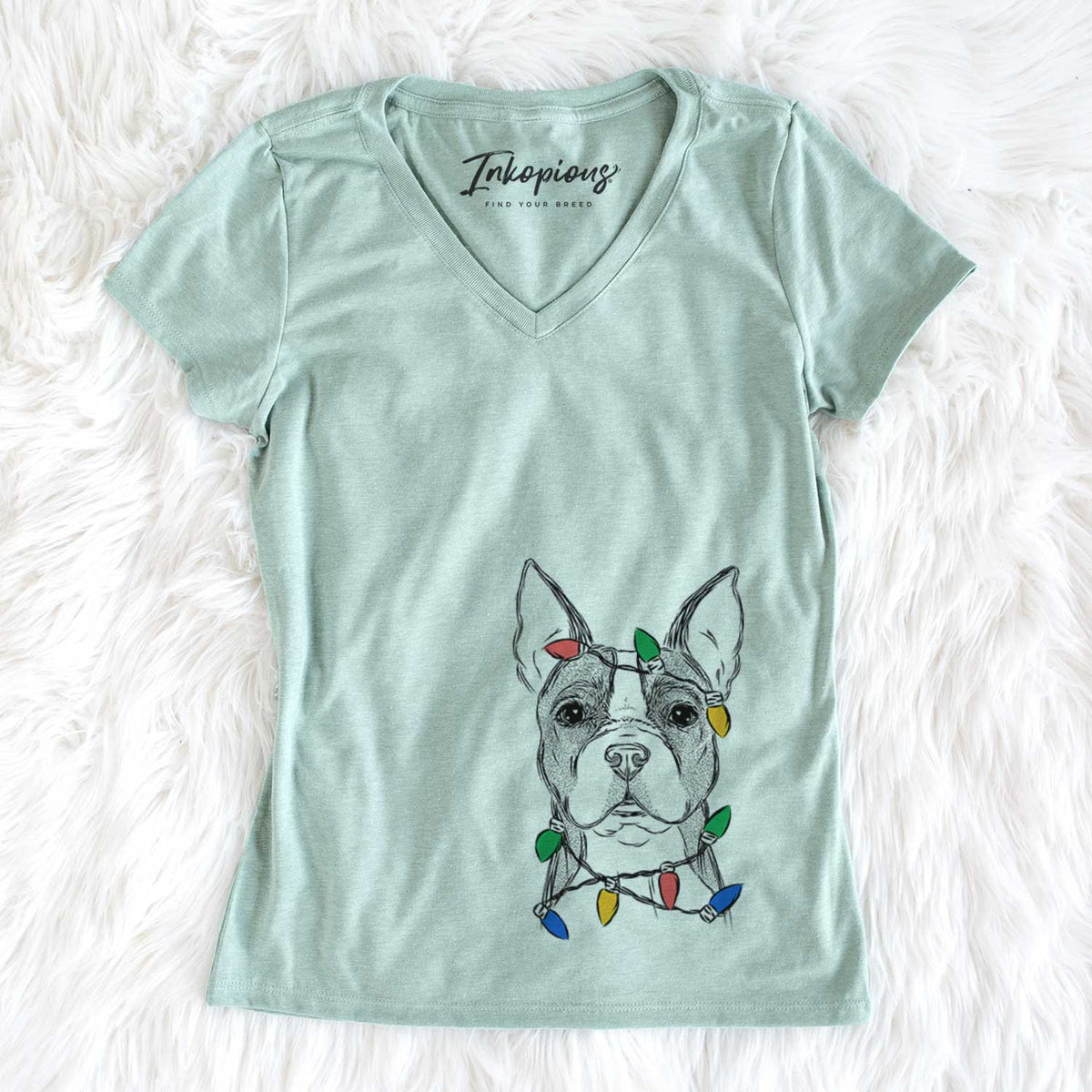 Christmas Lights Scout the Boston Terrier - Women&#39;s V-neck Shirt