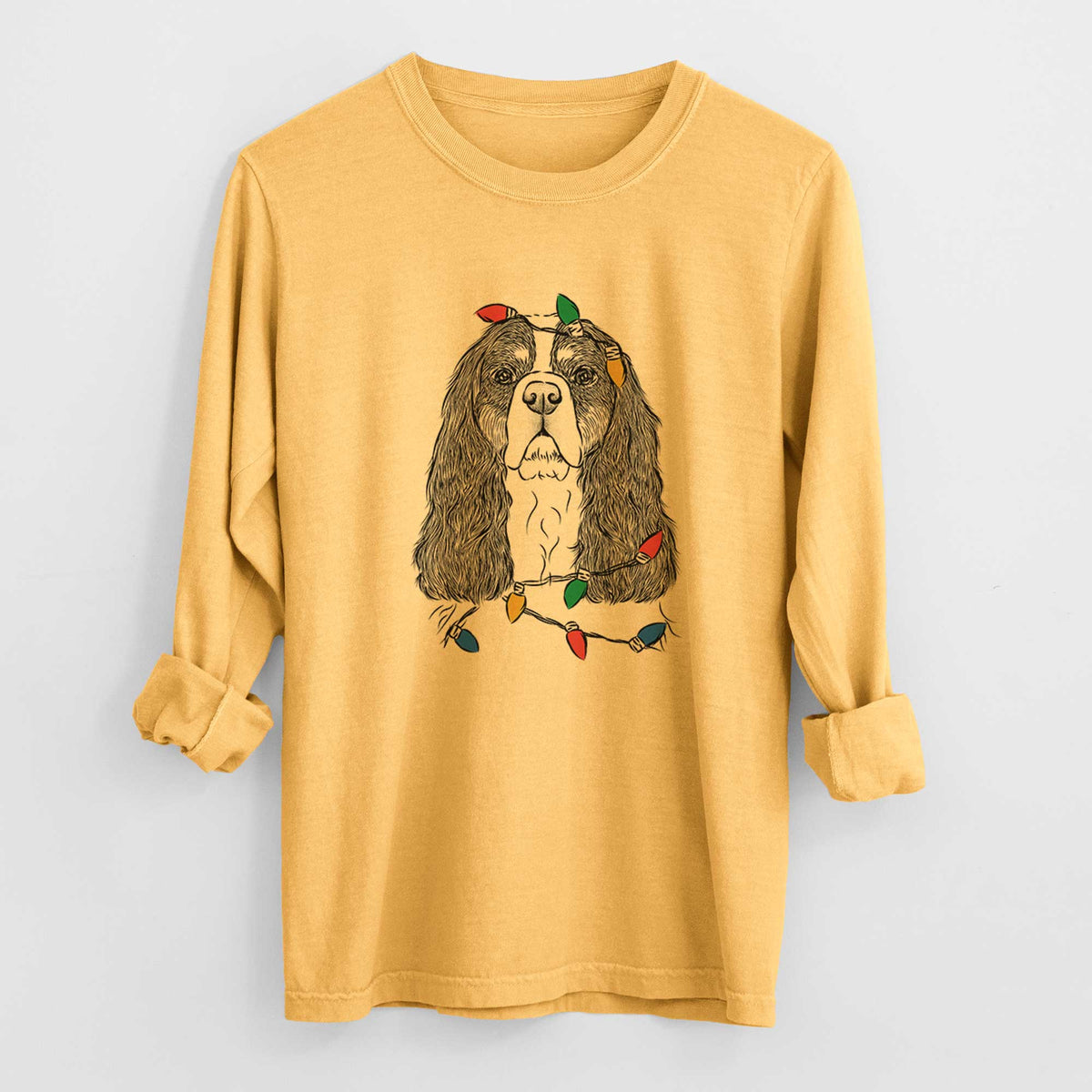 Christmas Lights Sebastian the Cavalier King Charles Spaniel - Heavyweight 100% Cotton Long Sleeve