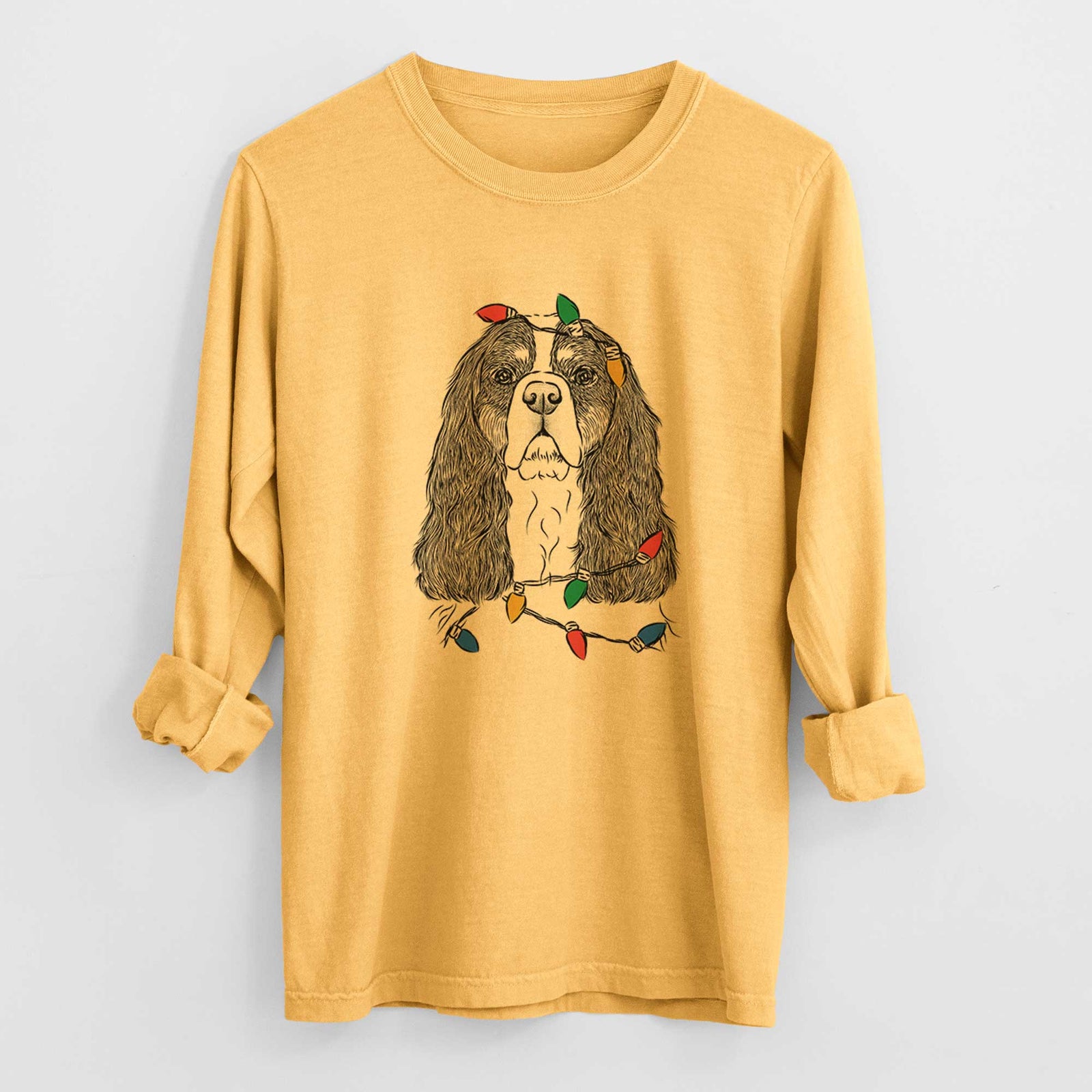 Christmas Lights Sebastian the Cavalier King Charles Spaniel - Heavyweight 100% Cotton Long Sleeve