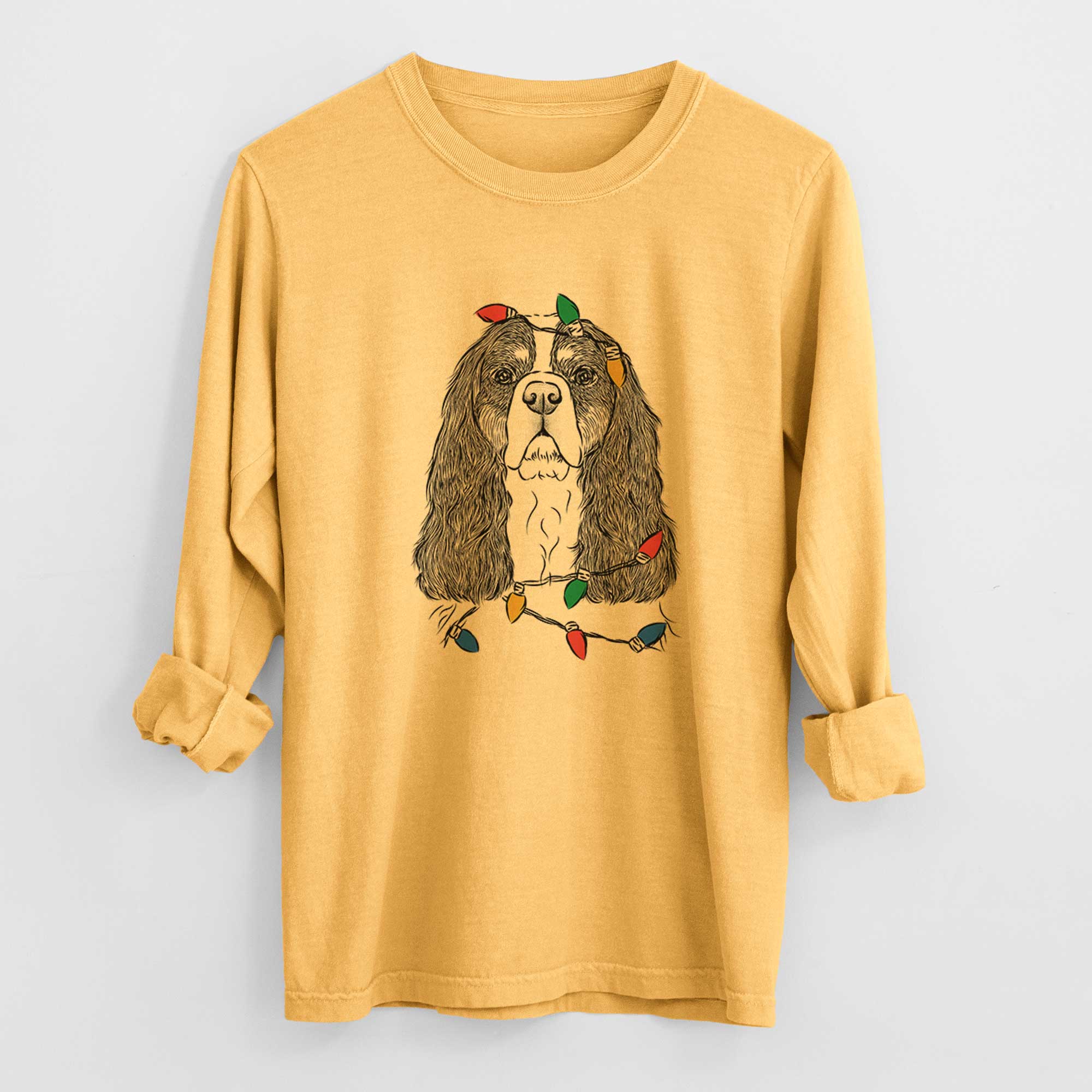 Christmas Lights Sebastian the Cavalier King Charles Spaniel - Heavyweight 100% Cotton Long Sleeve