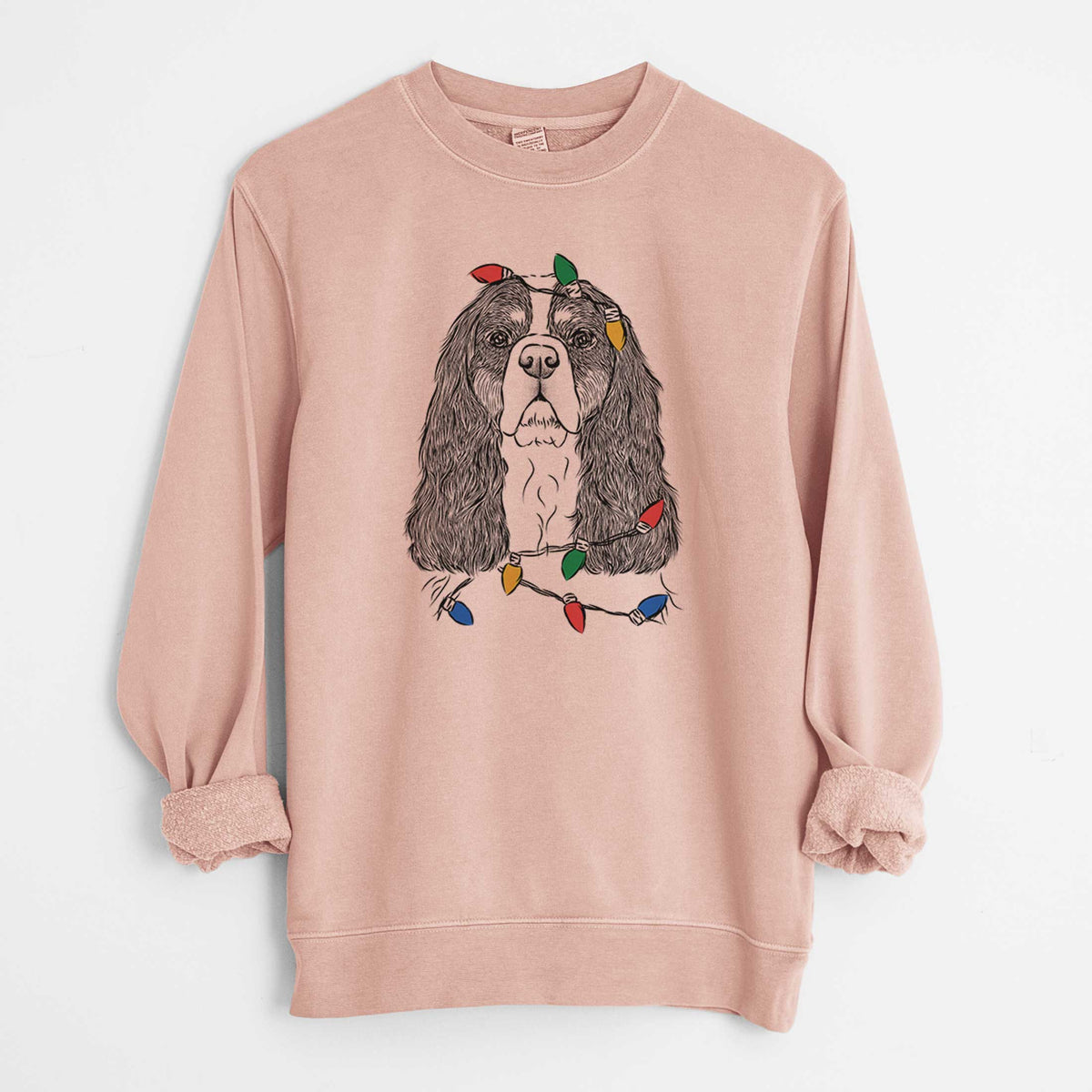 Christmas Lights Sebastian the Cavalier King Charles Spaniel - Unisex Pigment Dyed Crew Sweatshirt
