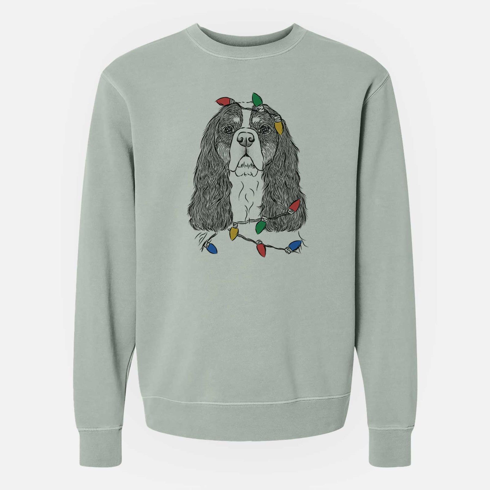Christmas Lights Sebastian the Cavalier King Charles Spaniel - Unisex Pigment Dyed Crew Sweatshirt