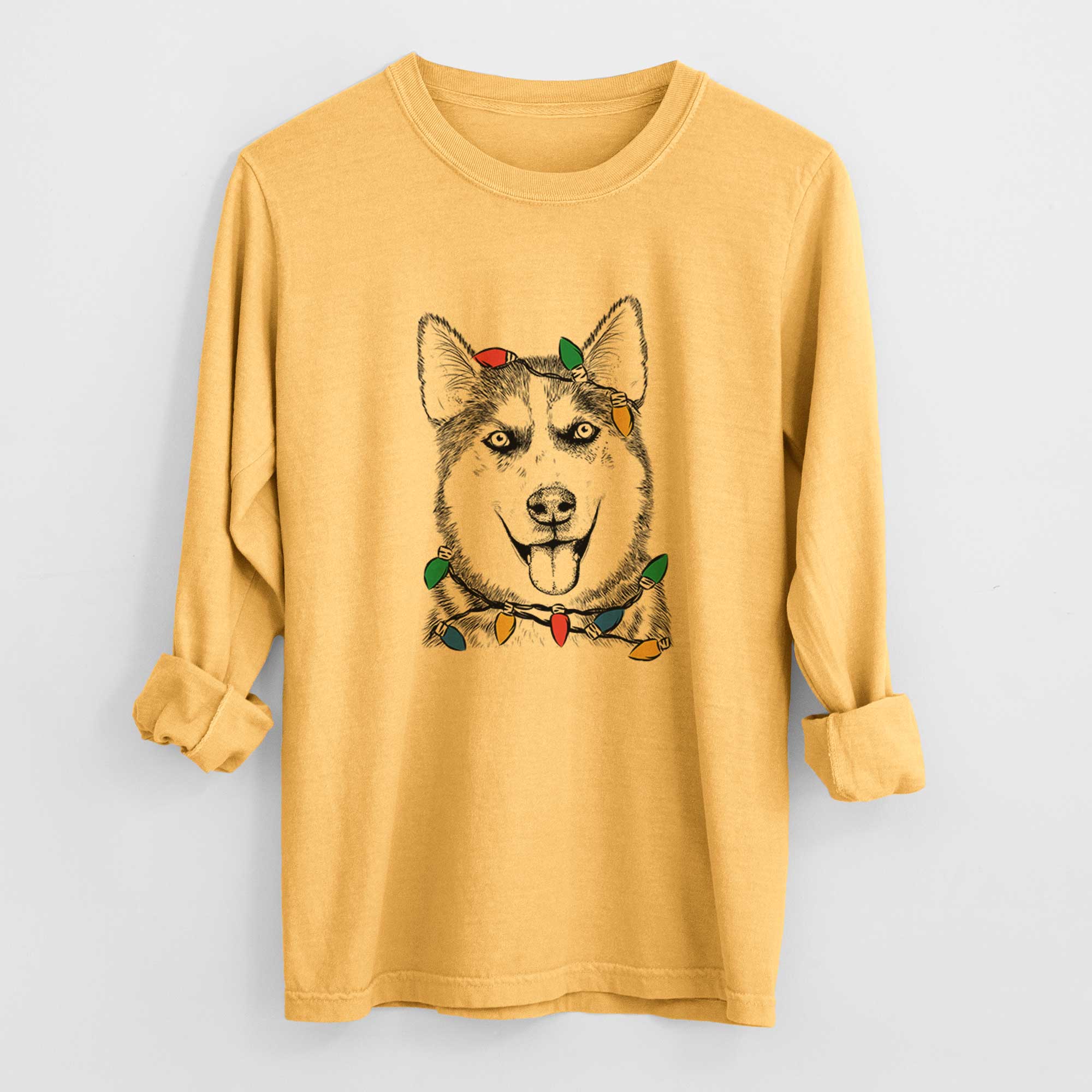 Christmas Lights Sesi the Siberian Husky - Heavyweight 100% Cotton Long Sleeve