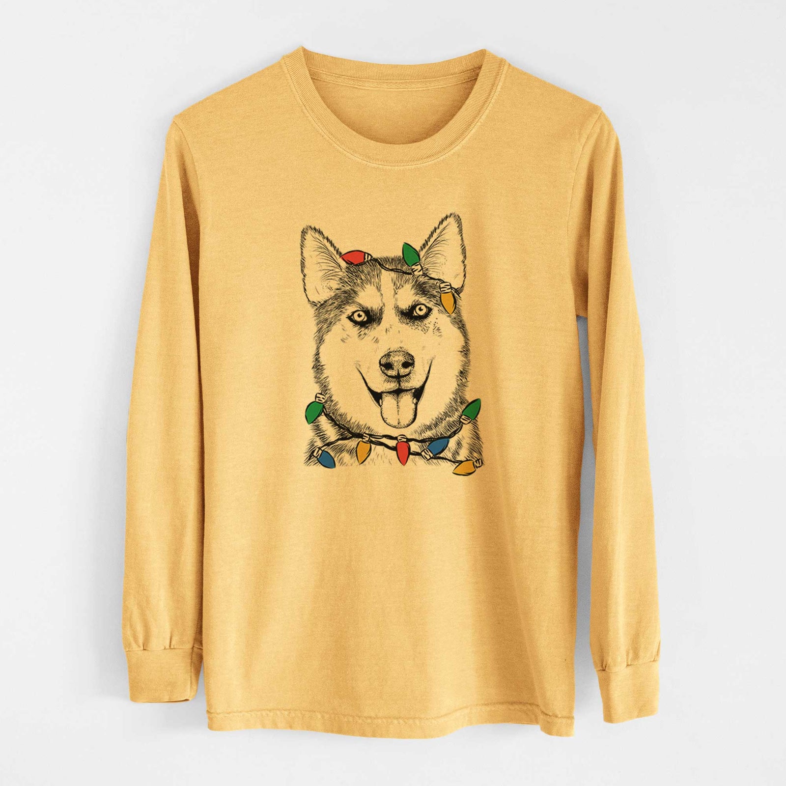 Christmas Lights Sesi the Siberian Husky - Heavyweight 100% Cotton Long Sleeve