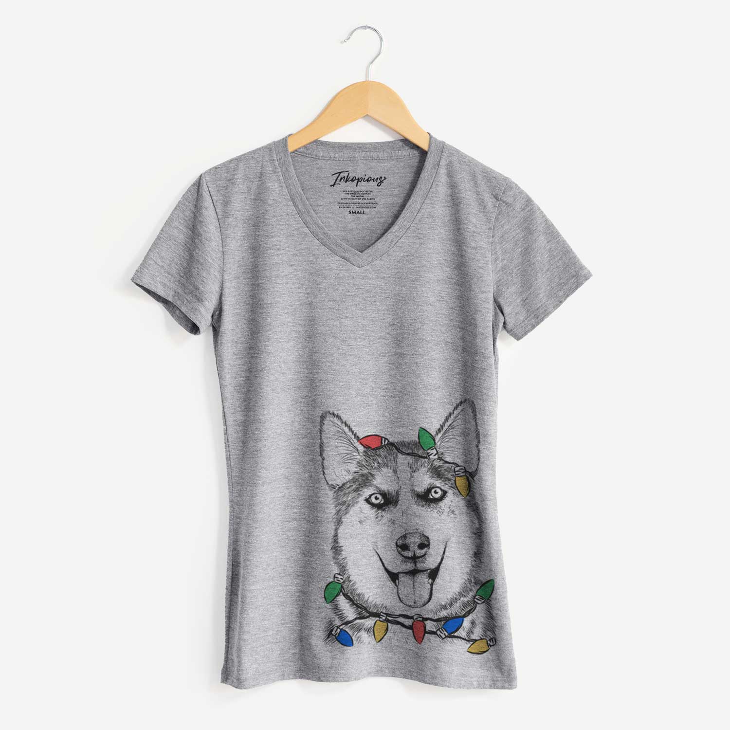 Christmas Lights Sesi the Siberian Husky - Women's V-neck Shirt