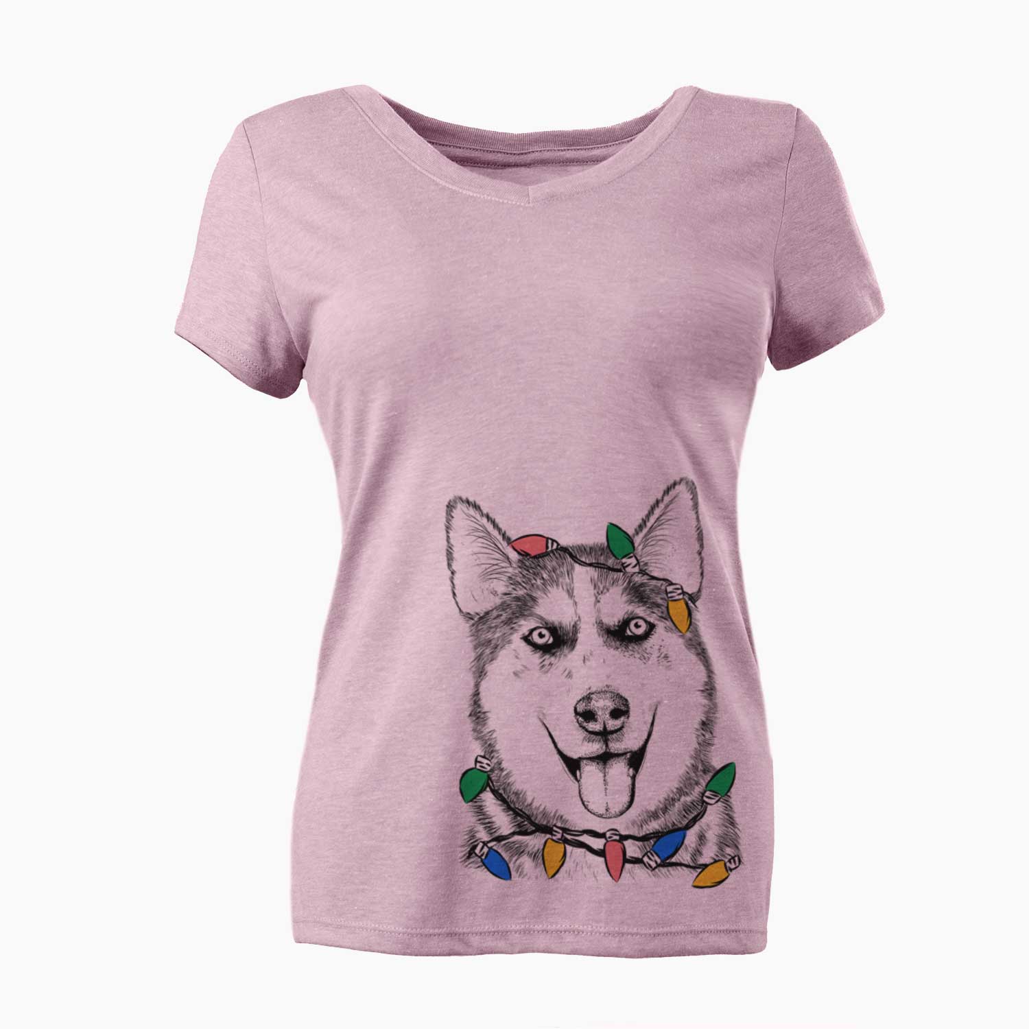 Christmas Lights Sesi the Siberian Husky - Women's V-neck Shirt