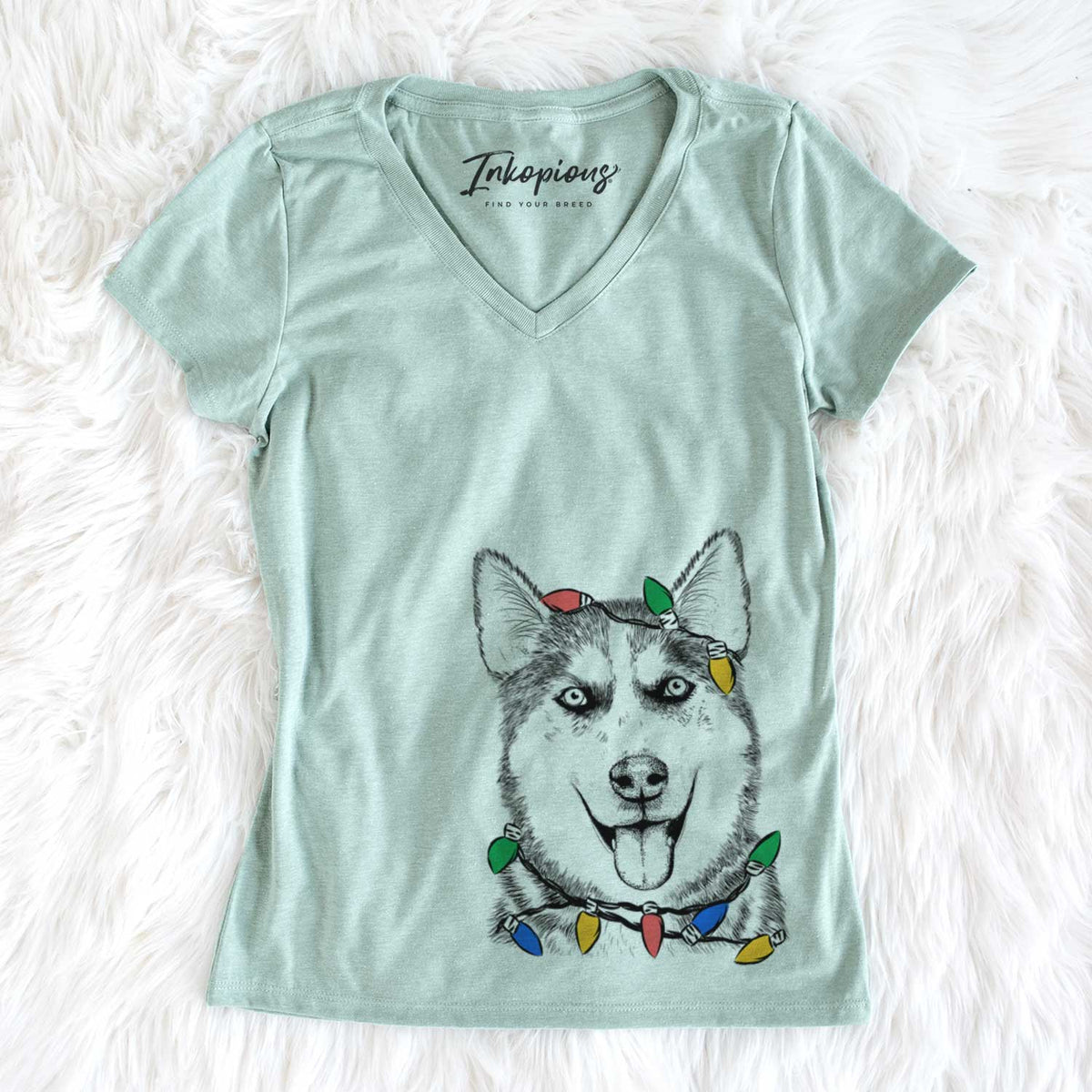 Christmas Lights Sesi the Siberian Husky - Women&#39;s V-neck Shirt