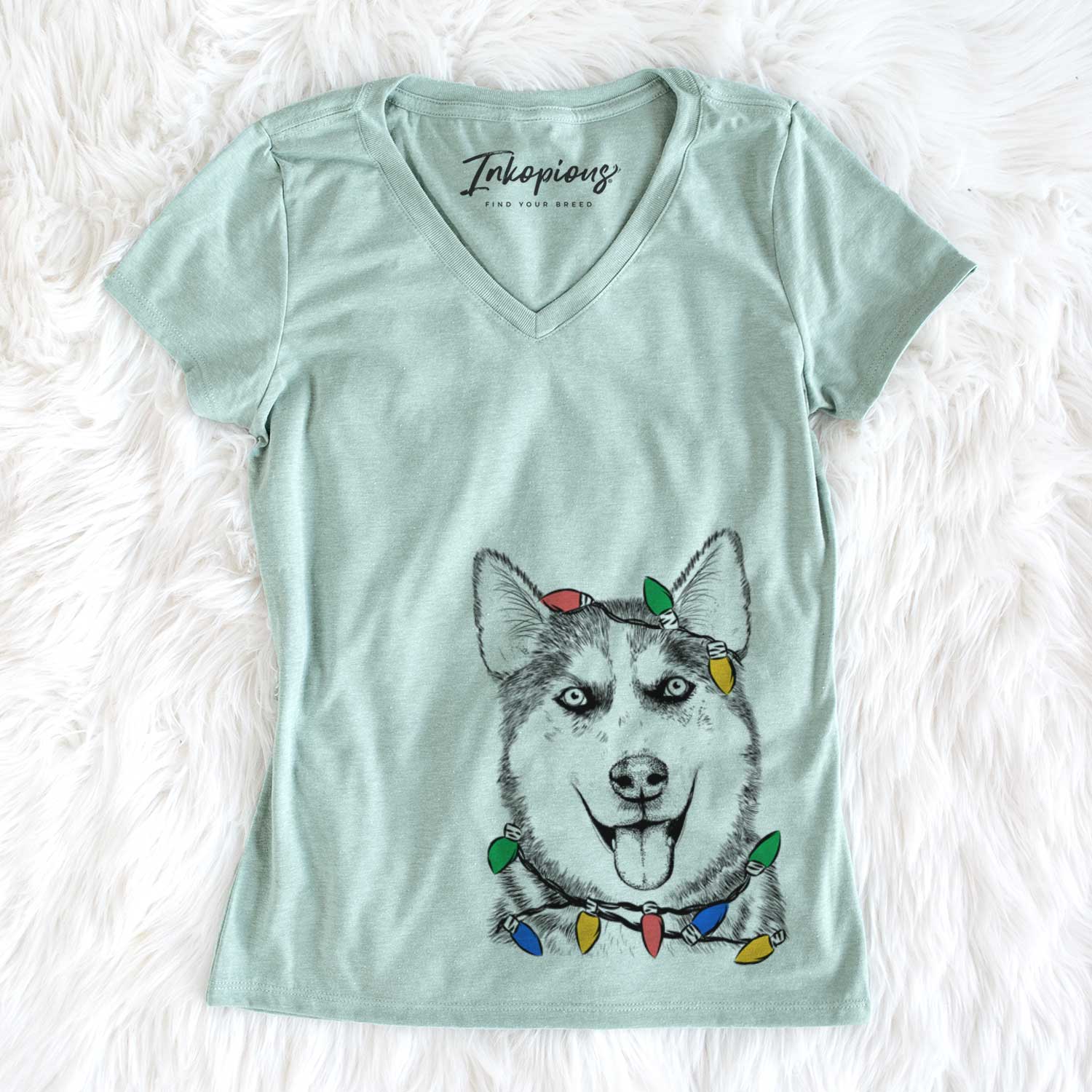 Christmas Lights Sesi the Siberian Husky - Women's V-neck Shirt