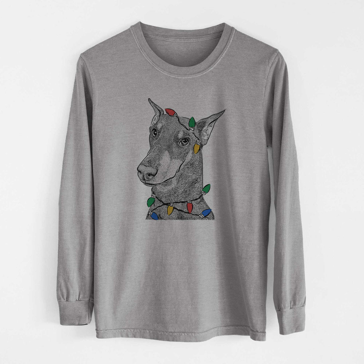 Christmas Lights Shelby the Doberman Pinscher - Heavyweight 100% Cotton Long Sleeve