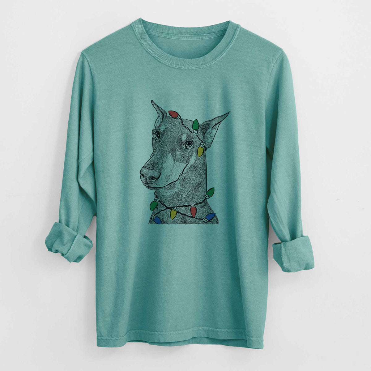 Christmas Lights Shelby the Doberman Pinscher - Heavyweight 100% Cotton Long Sleeve
