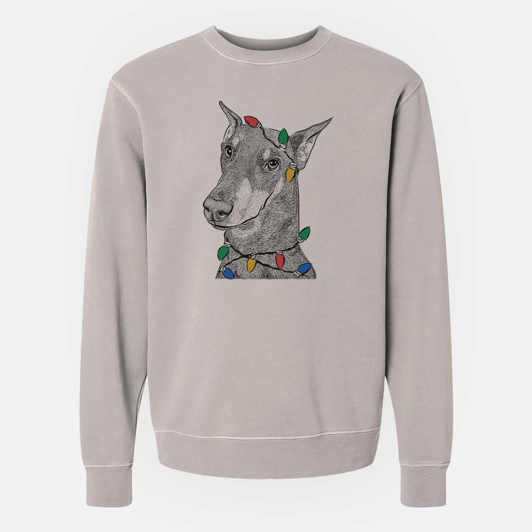 Christmas Lights Shelby the Doberman Pinscher - Unisex Pigment Dyed Crew Sweatshirt