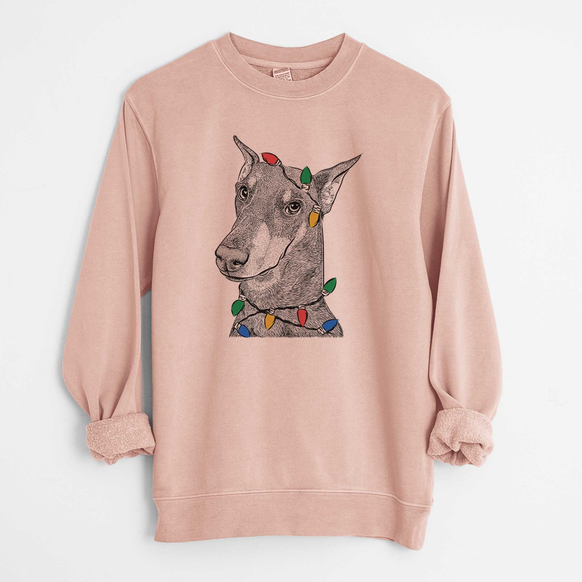 Christmas Lights Shelby the Doberman Pinscher - Unisex Pigment Dyed Crew Sweatshirt