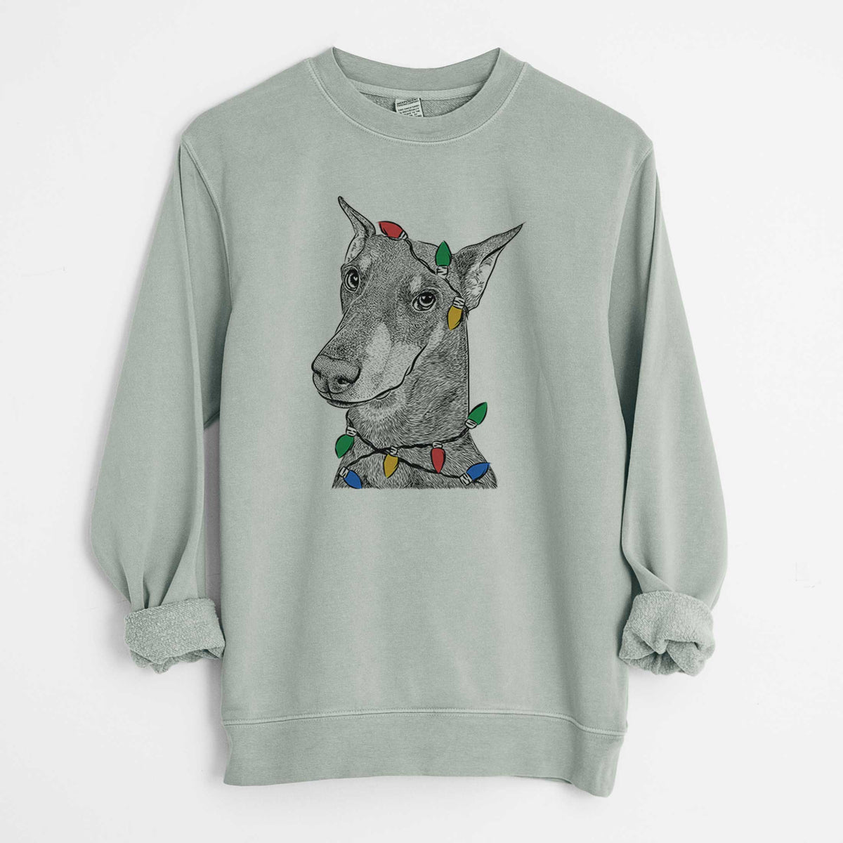 Christmas Lights Shelby the Doberman Pinscher - Unisex Pigment Dyed Crew Sweatshirt