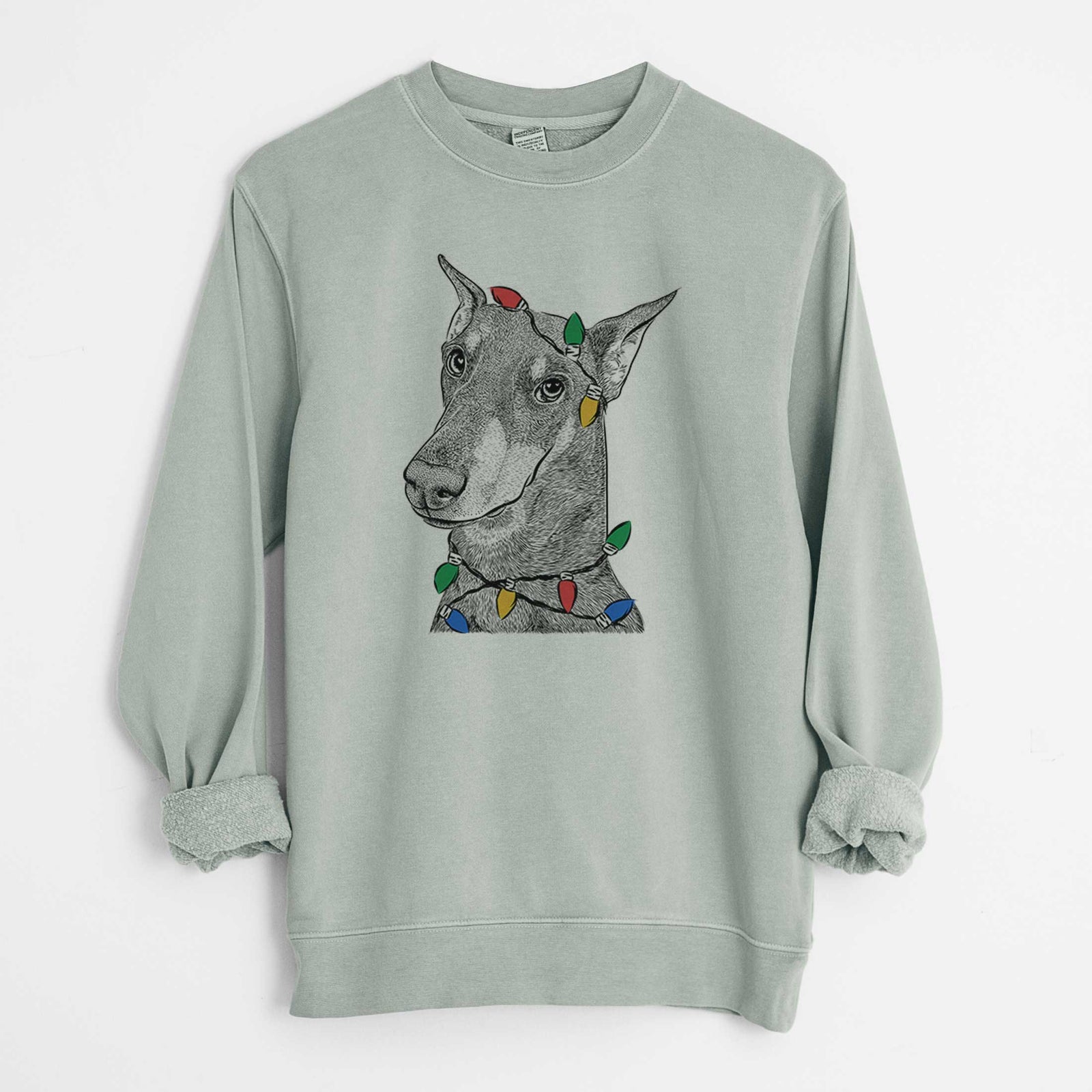 Christmas Lights Shelby the Doberman Pinscher - Unisex Pigment Dyed Crew Sweatshirt
