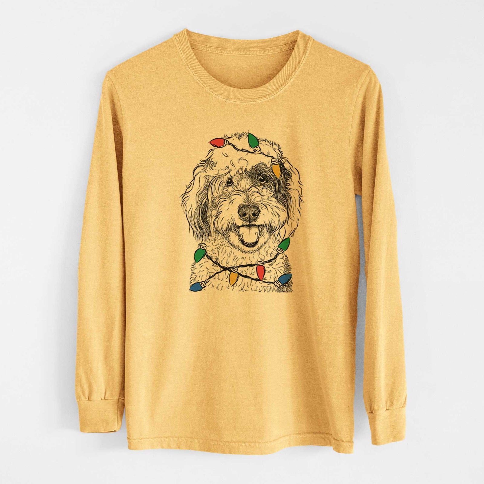 Christmas Lights Sherlock the Sheepadoodle - Heavyweight 100% Cotton Long Sleeve