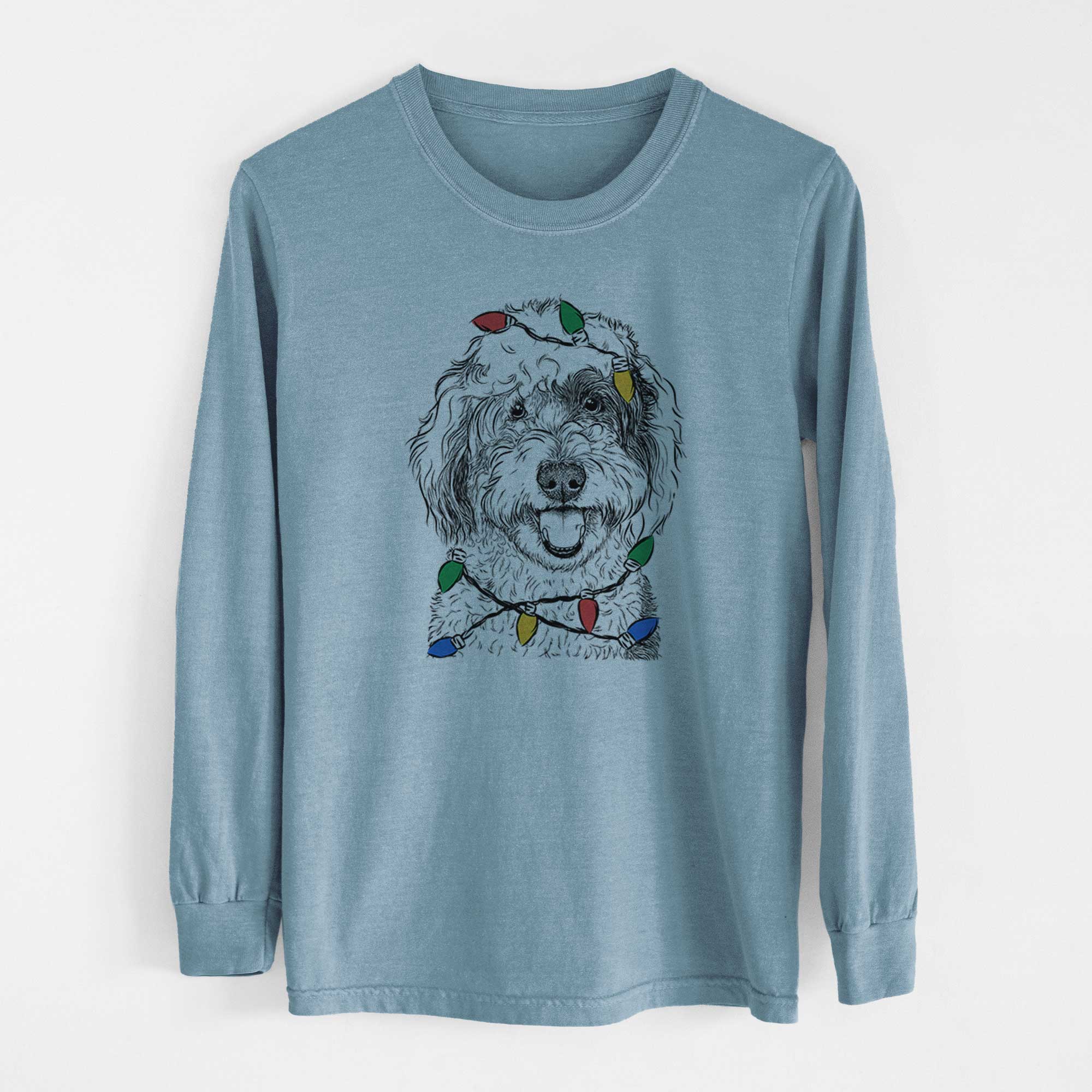 Christmas Lights Sherlock the Sheepadoodle - Heavyweight 100% Cotton Long Sleeve