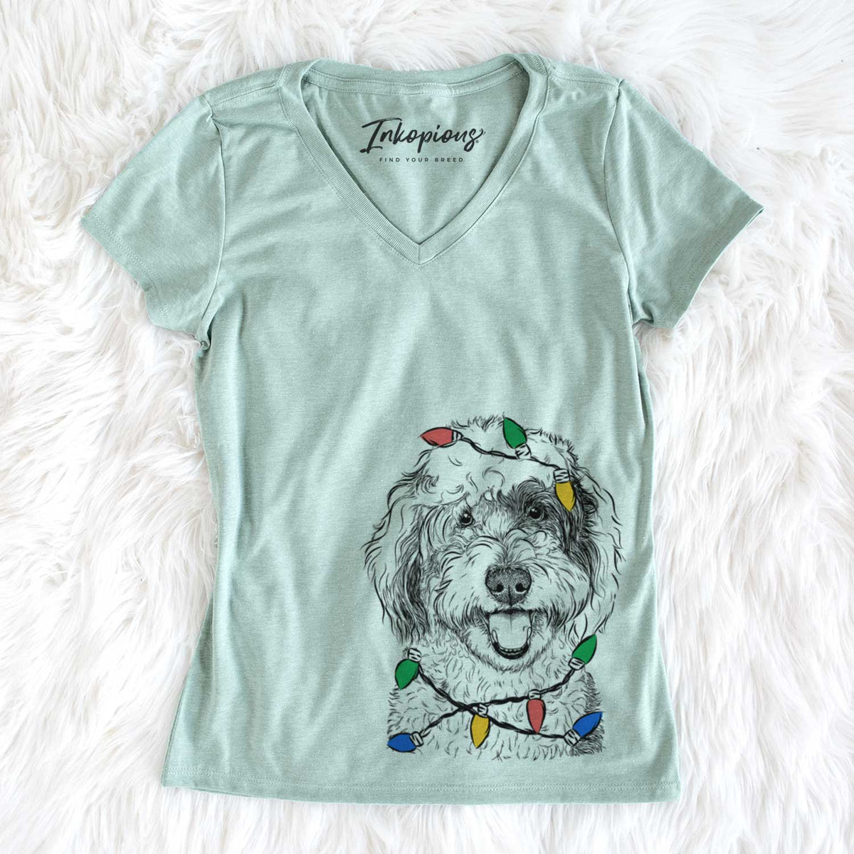 Christmas Lights Sherlock the Sheepadoodle - Women&#39;s V-neck Shirt