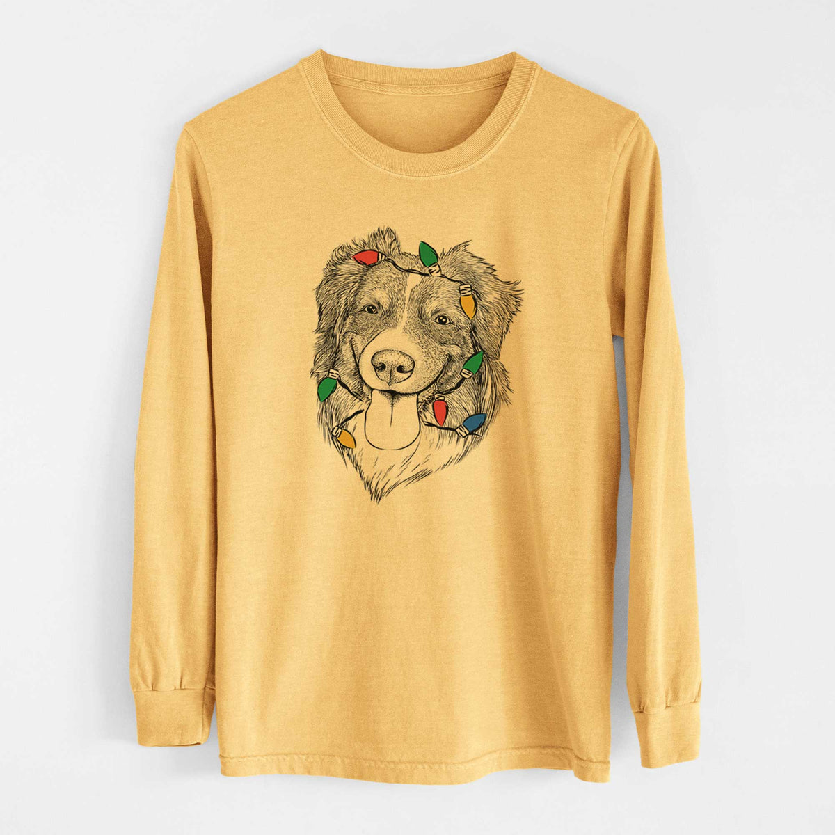 Christmas Lights Siena the Australian Shepherd - Heavyweight 100% Cotton Long Sleeve