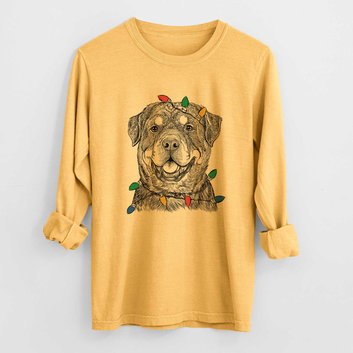Christmas Lights Sig the Rottweiler - Heavyweight 100% Cotton Long Sleeve