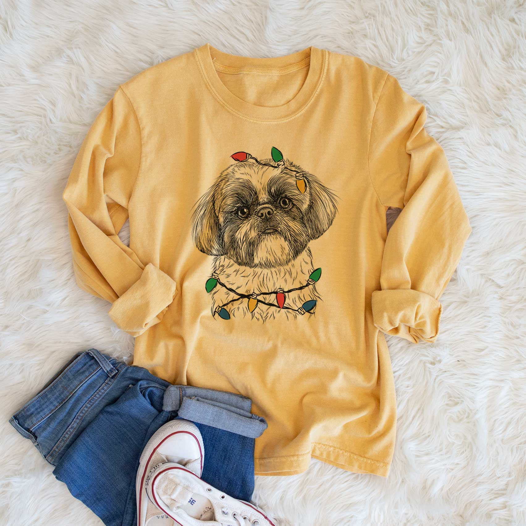 Christmas Lights Simon the Shih Tzu - Heavyweight 100% Cotton Long Sleeve