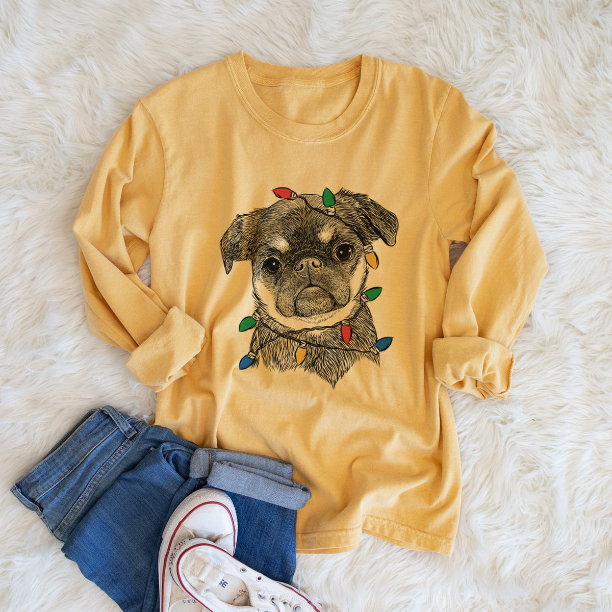 Christmas Lights Simone the Brussels Griffon - Heavyweight 100% Cotton Long Sleeve