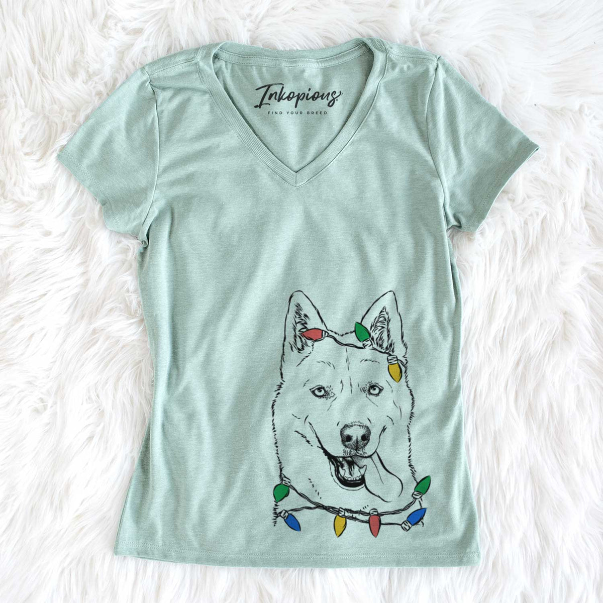 Christmas Lights Sinatra  the Siberian Husky - Women&#39;s V-neck Shirt