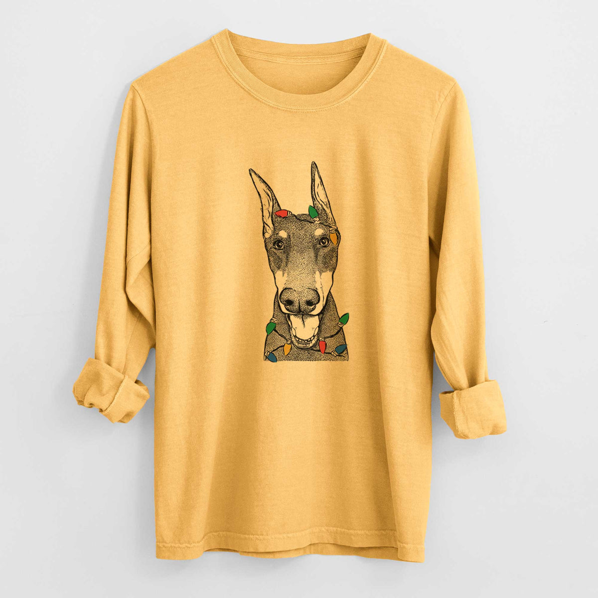 Christmas Lights Sir Duke the Doberman Pinscher - Heavyweight 100% Cotton Long Sleeve