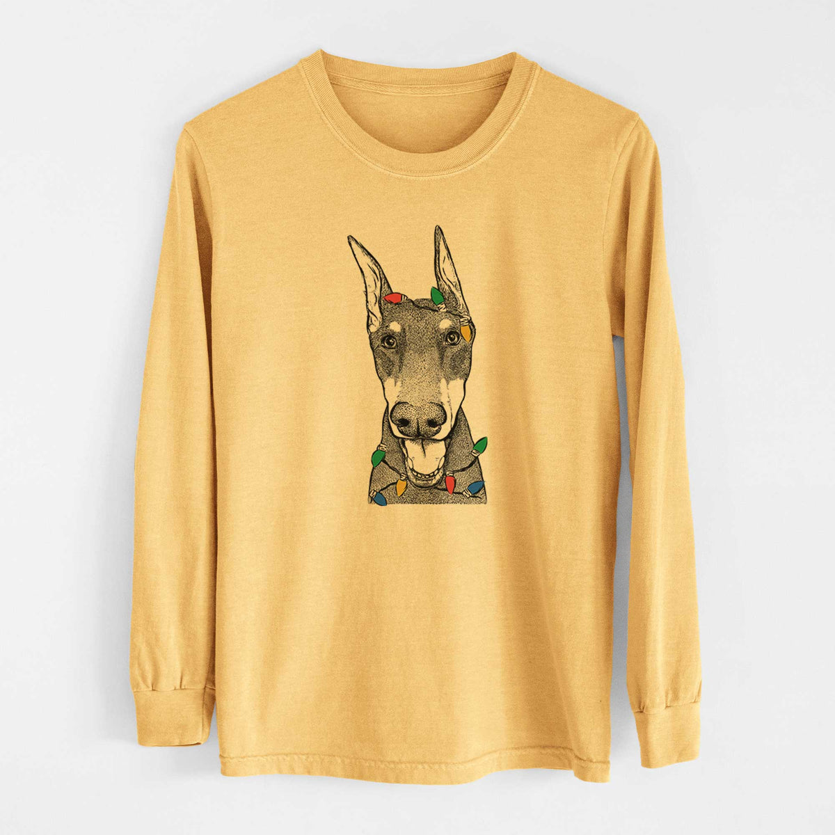 Christmas Lights Sir Duke the Doberman Pinscher - Heavyweight 100% Cotton Long Sleeve
