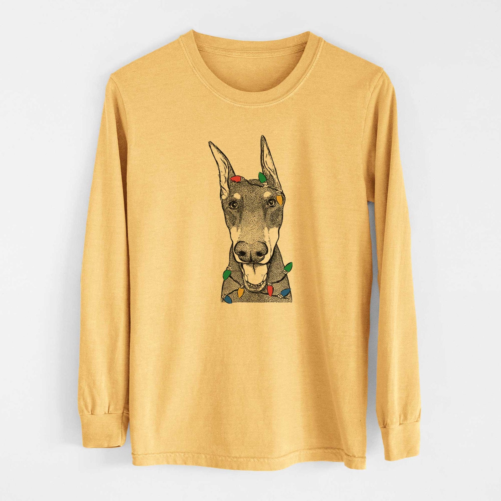 Christmas Lights Sir Duke the Doberman Pinscher - Heavyweight 100% Cotton Long Sleeve
