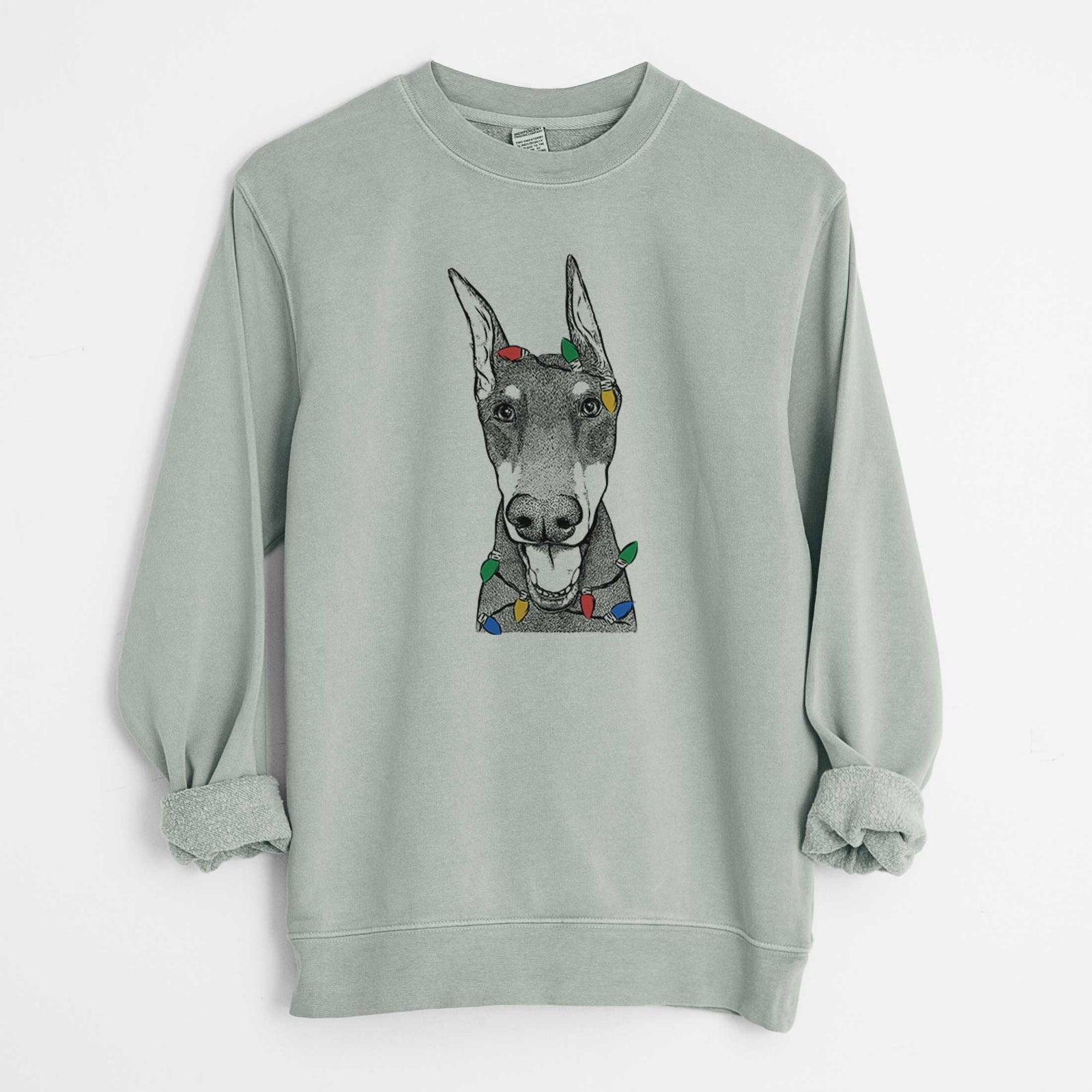 Christmas Lights Sir Duke the Doberman Pinscher - Unisex Pigment Dyed Crew Sweatshirt