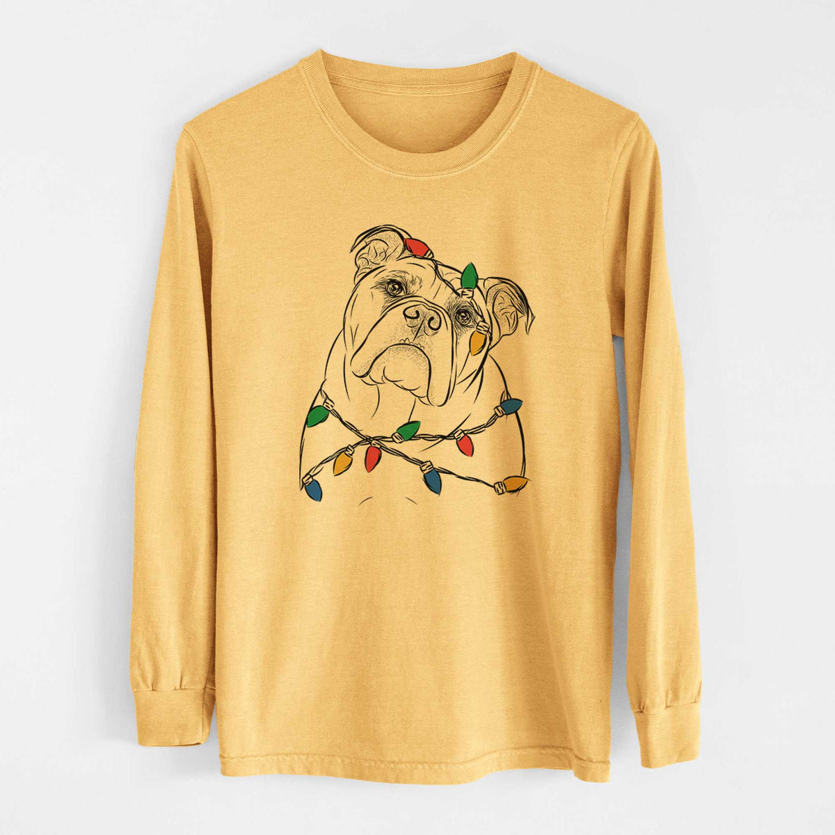 Christmas Lights Sir Louis the English Bulldog - Heavyweight 100% Cotton Long Sleeve