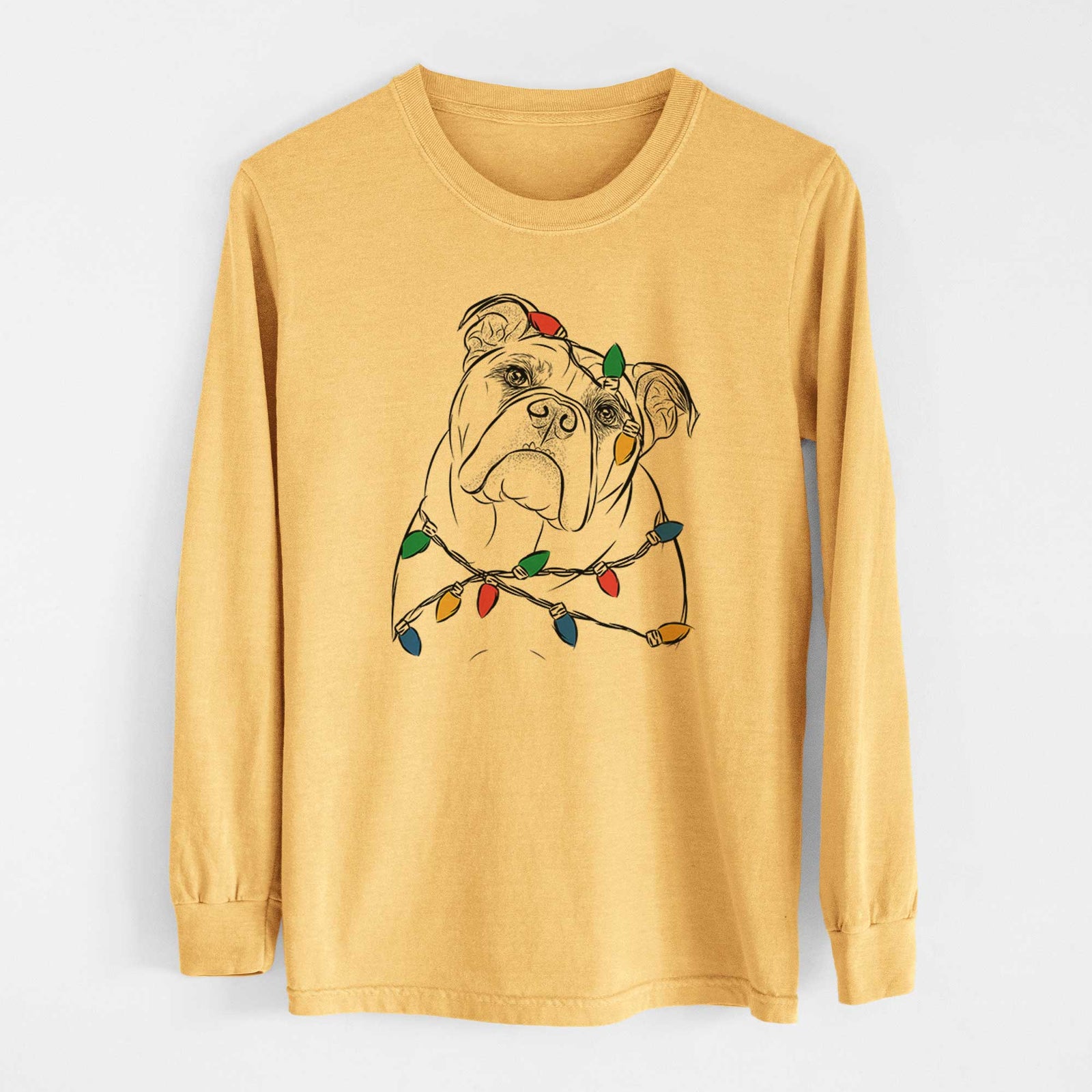 Christmas Lights Sir Louis the English Bulldog - Heavyweight 100% Cotton Long Sleeve