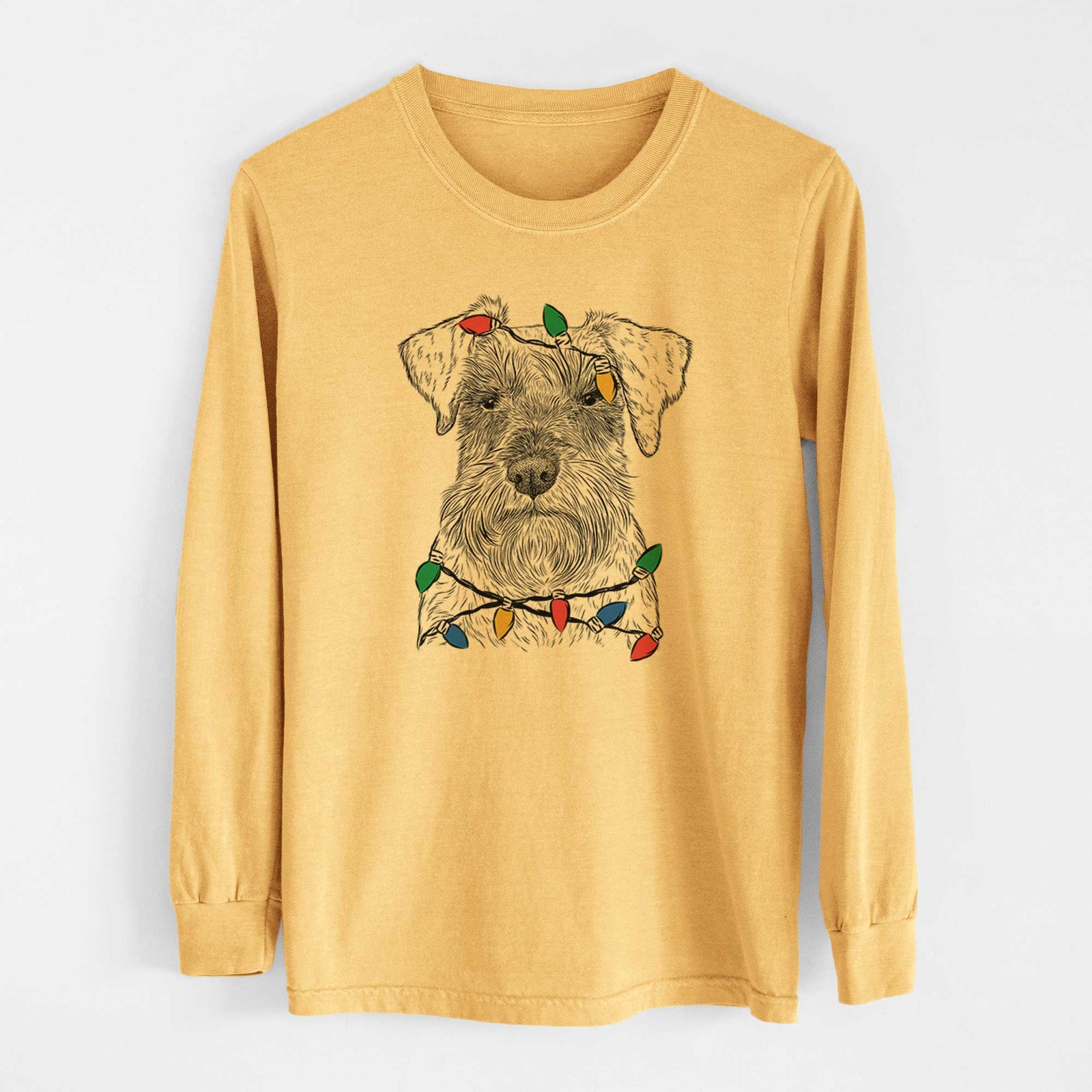 Christmas Lights Smokey the Miniature Schnauzer - Heavyweight 100% Cotton Long Sleeve