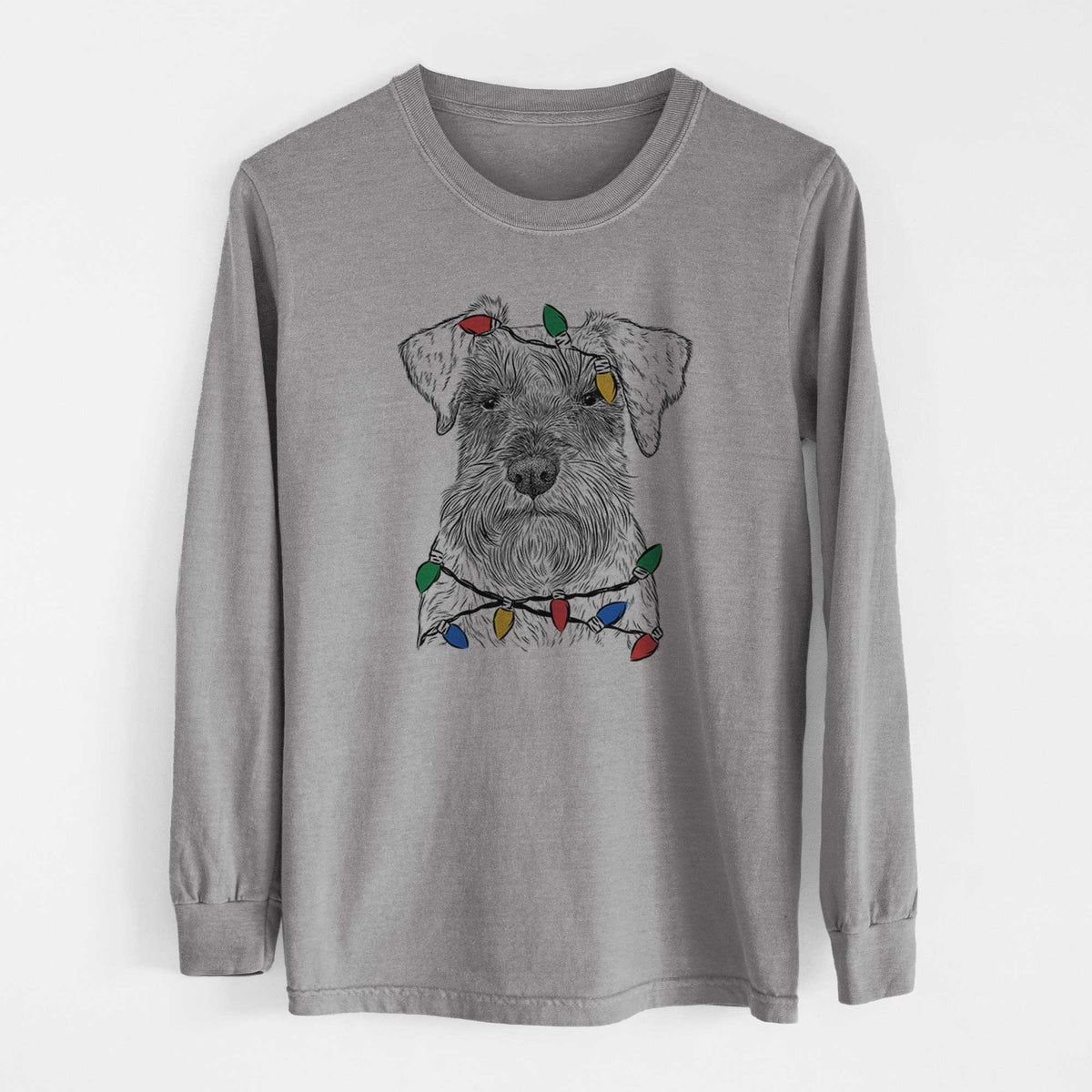 Christmas Lights Smokey the Miniature Schnauzer - Heavyweight 100% Cotton Long Sleeve
