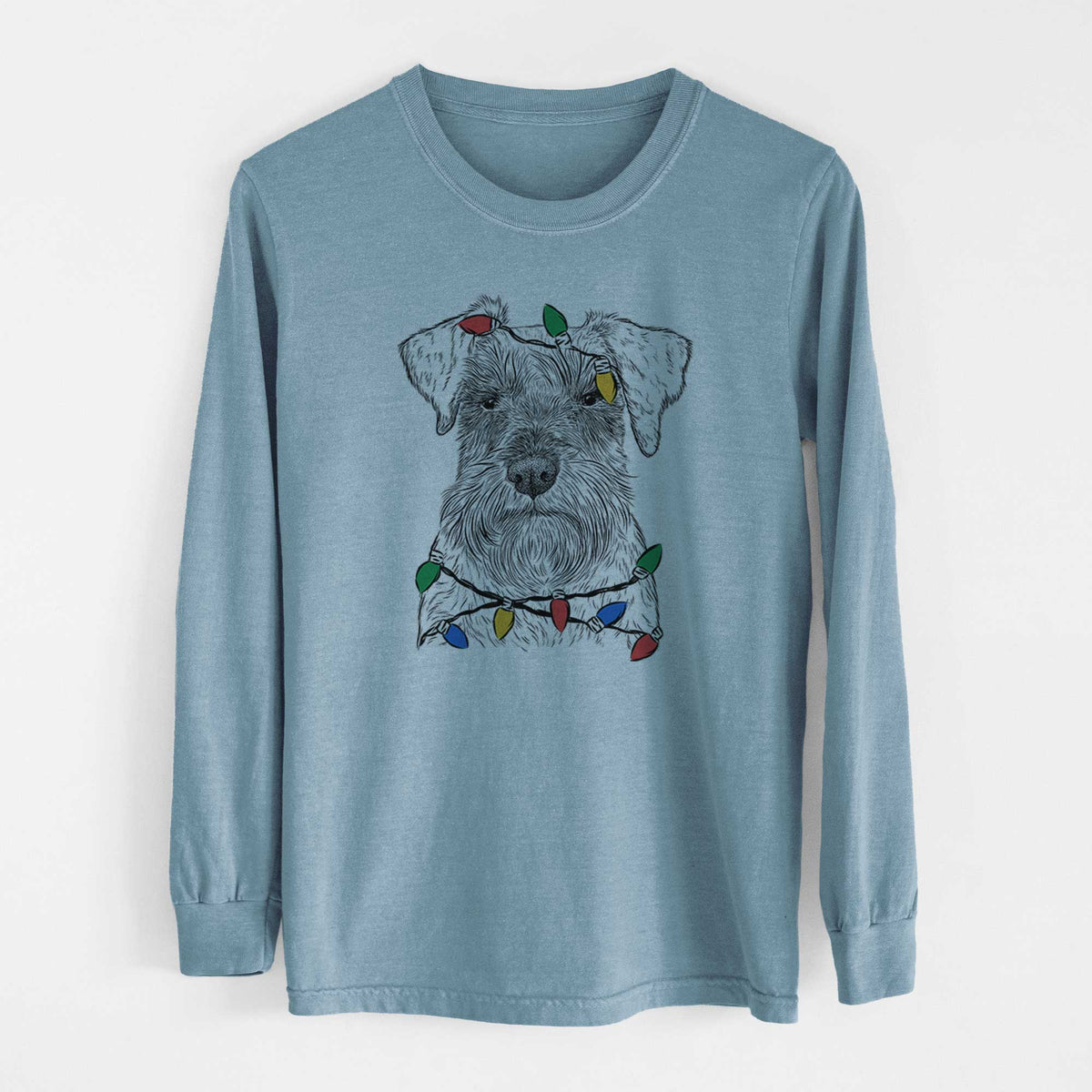Christmas Lights Smokey the Miniature Schnauzer - Heavyweight 100% Cotton Long Sleeve