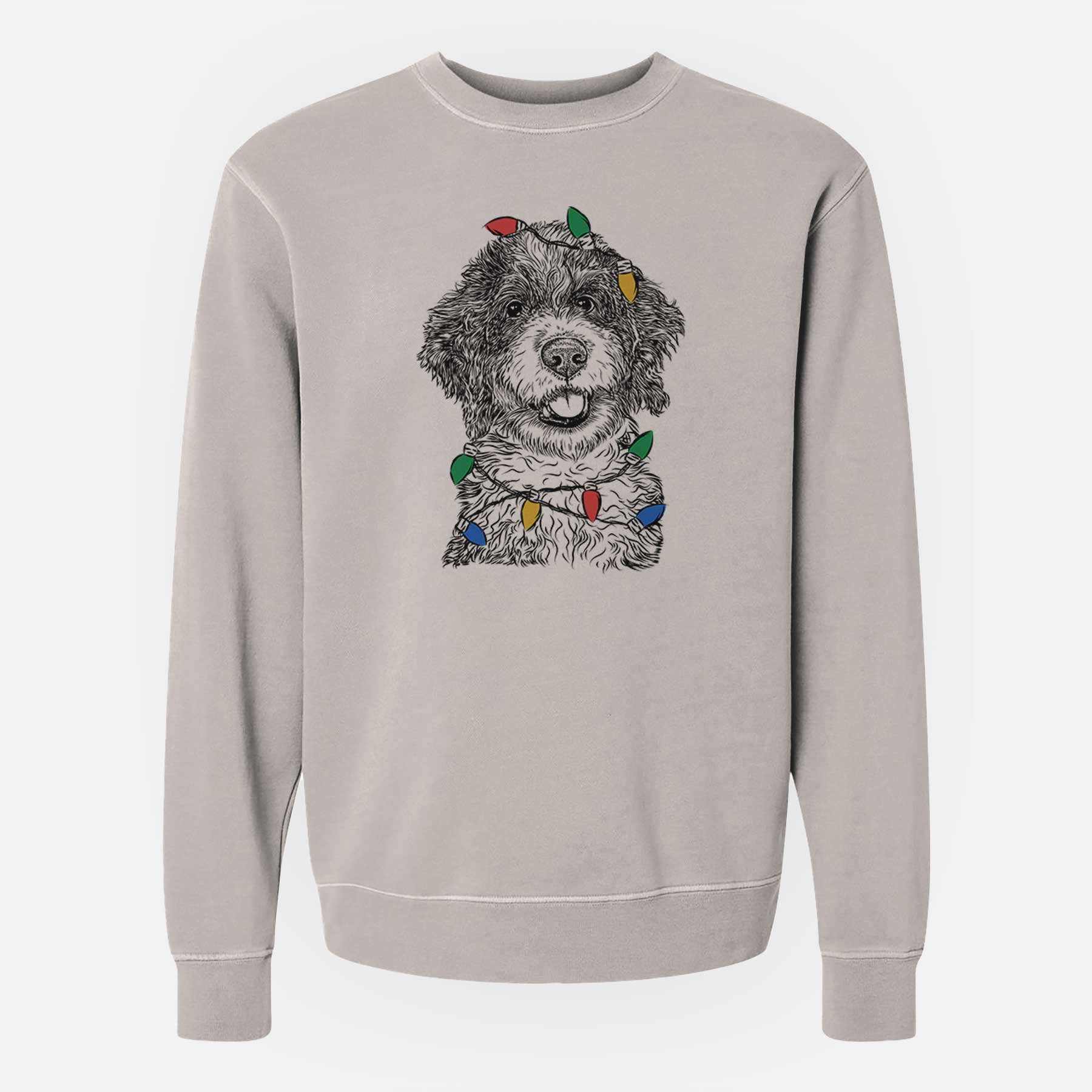 Christmas Lights Smoky the Bernedoodle Puppy - Unisex Pigment Dyed Crew Sweatshirt