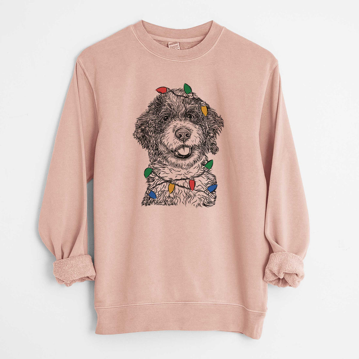 Christmas Lights Smoky the Bernedoodle Puppy - Unisex Pigment Dyed Crew Sweatshirt