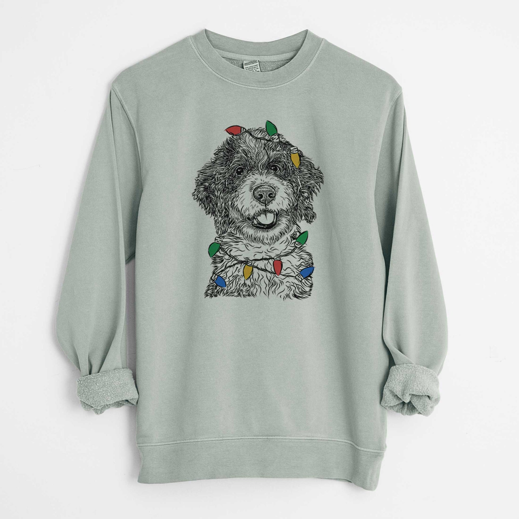 Christmas Lights Smoky the Bernedoodle Puppy - Unisex Pigment Dyed Crew Sweatshirt