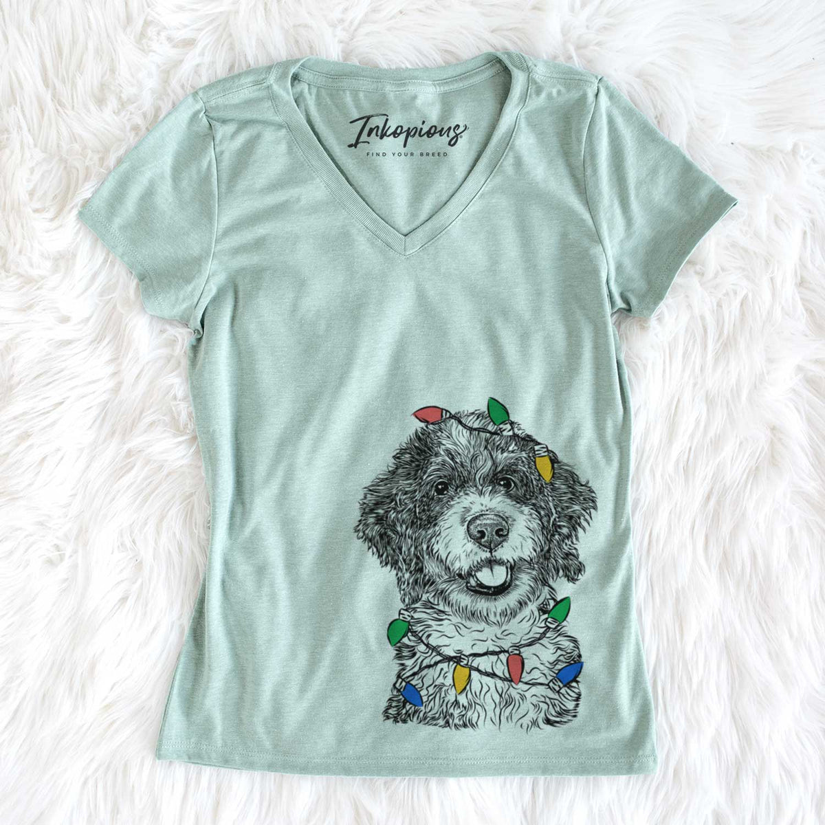 Christmas Lights Smoky the Bernedoodle Puppy - Women&#39;s V-neck Shirt