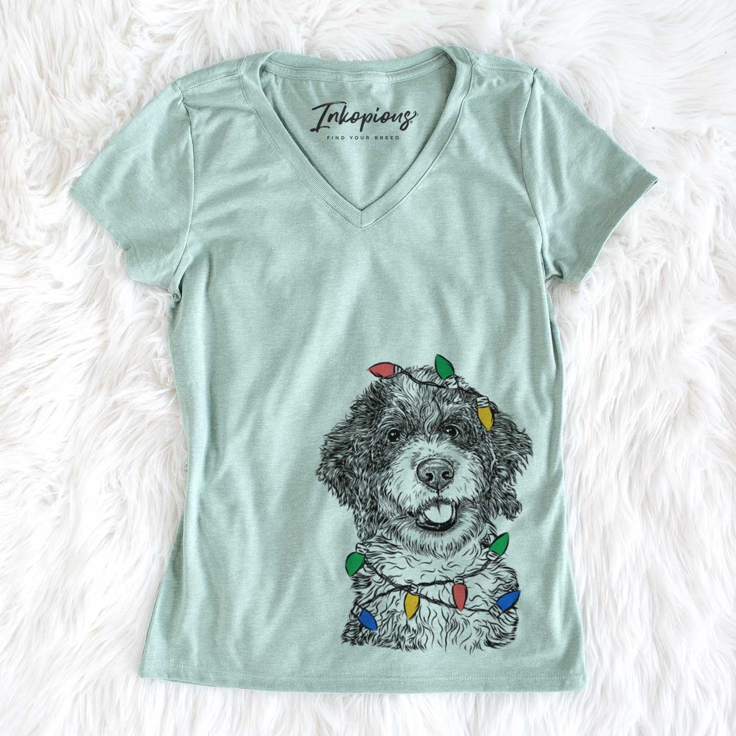 Christmas Lights Smoky the Bernedoodle Puppy - Women's V-neck Shirt