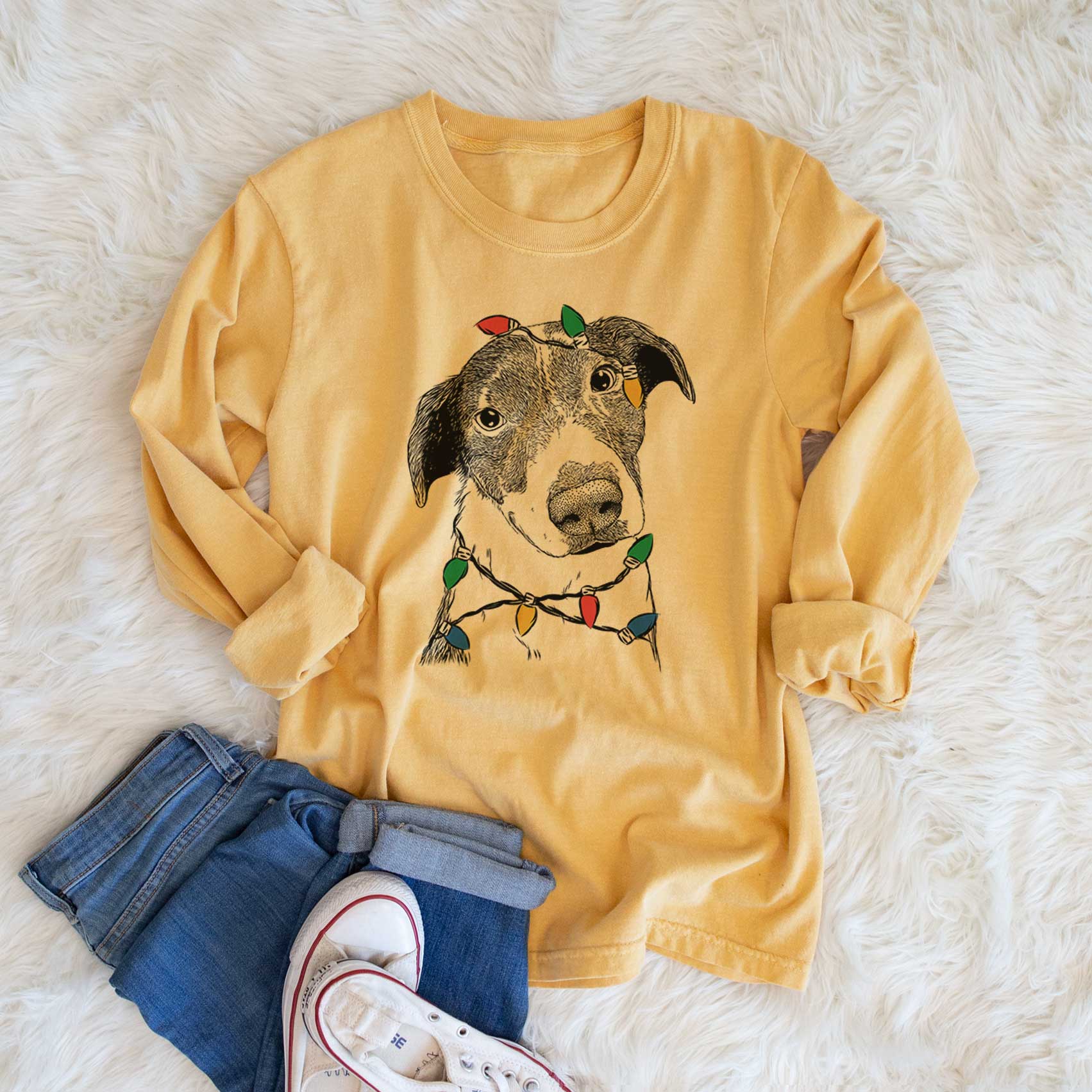 Christmas Lights Sophia the Mixed Breed - Heavyweight 100% Cotton Long Sleeve