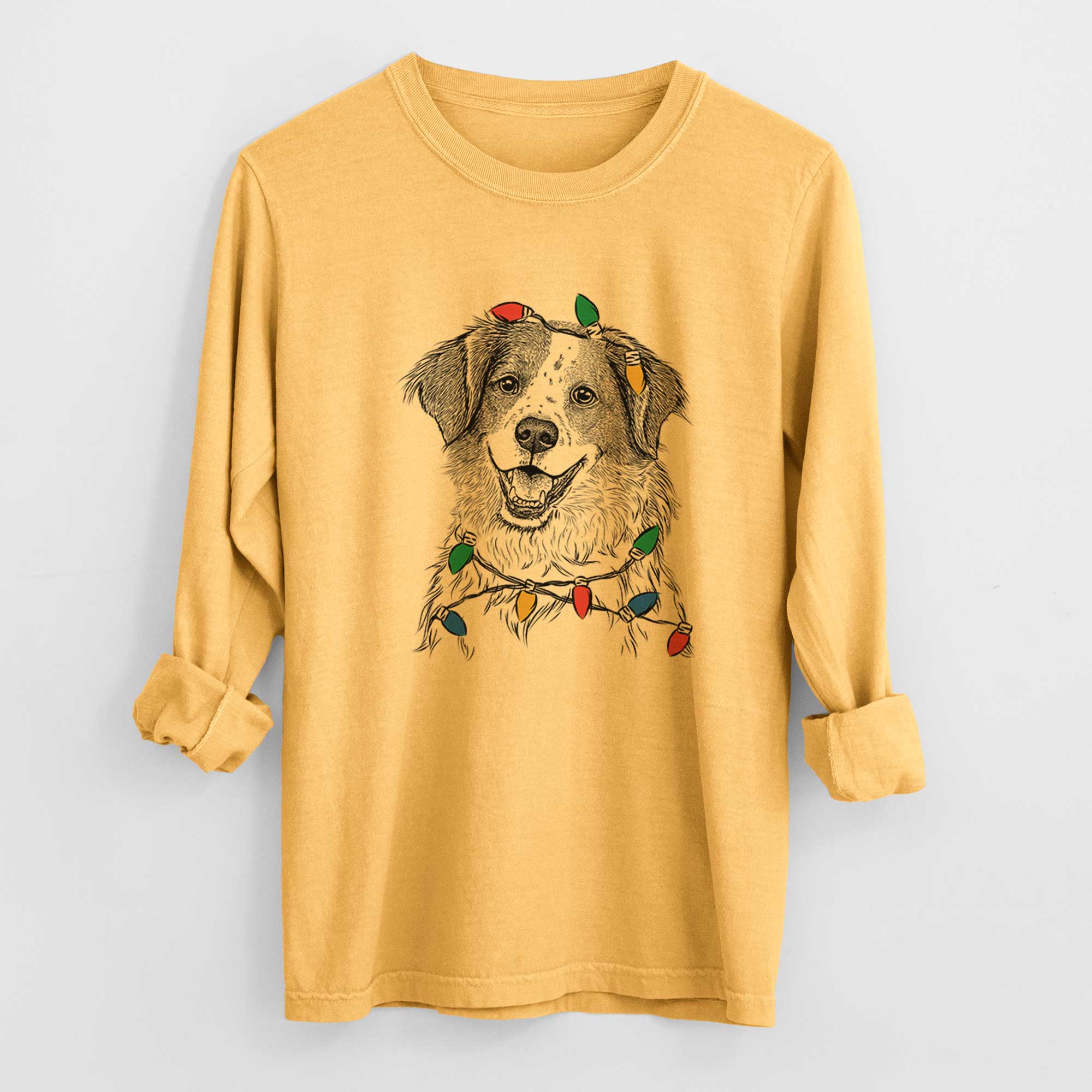 Christmas Lights Sophie the Brittany Beagle Mix - Heavyweight 100% Cotton Long Sleeve