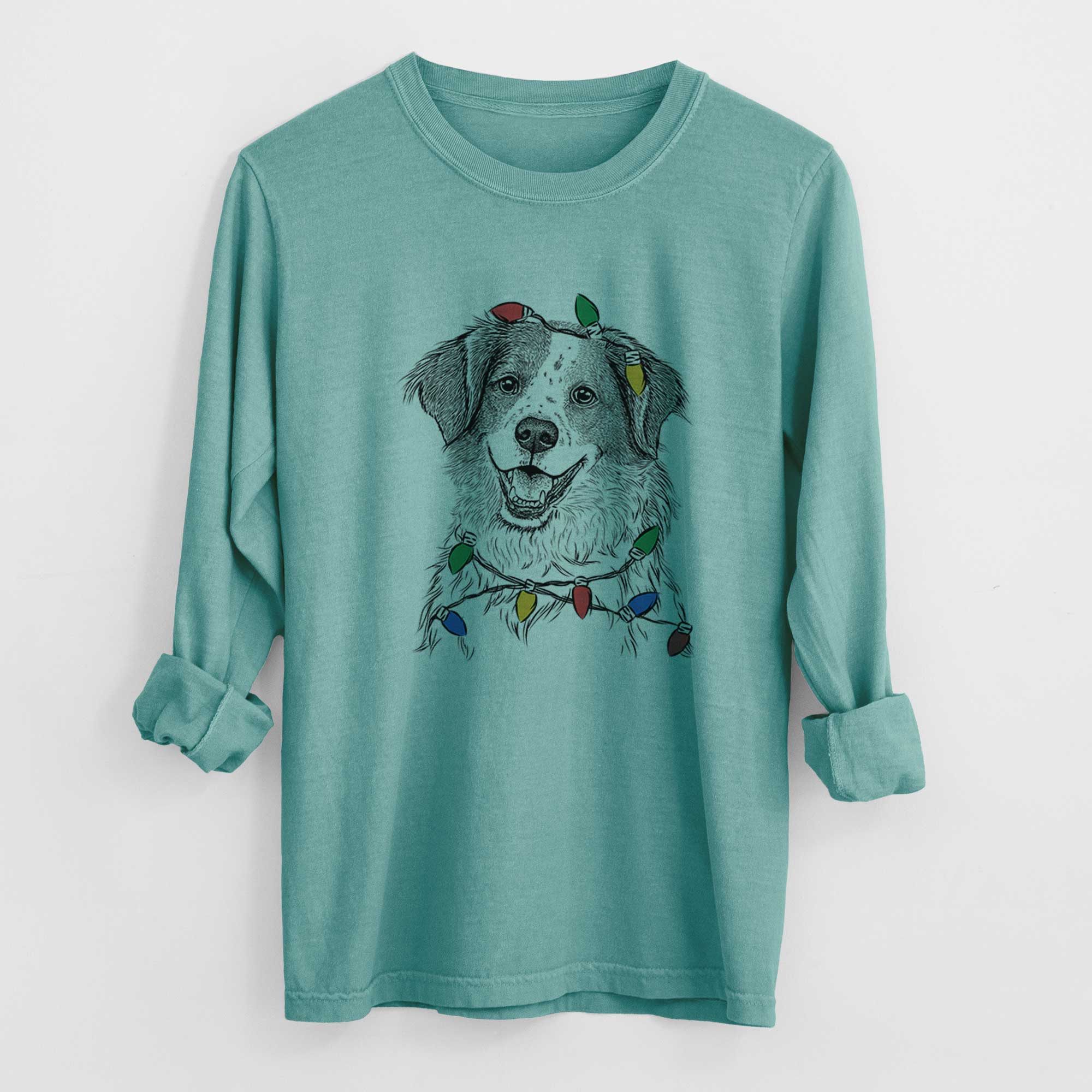 Christmas Lights Sophie the Brittany Beagle Mix - Heavyweight 100% Cotton Long Sleeve
