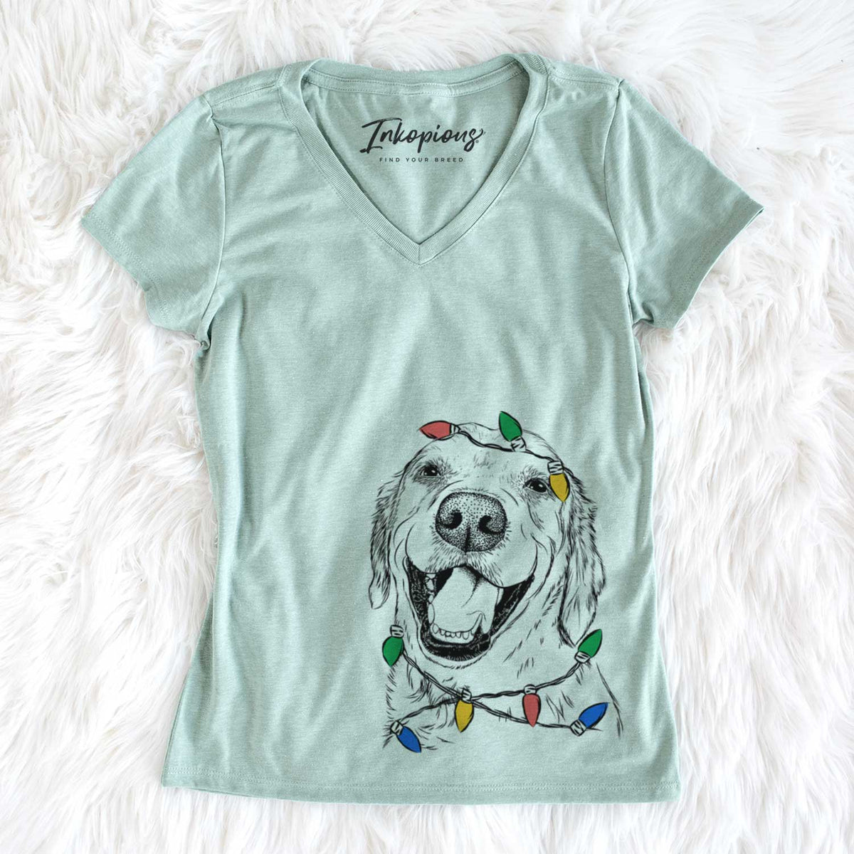 Christmas Lights Spanky the Golden Retriever - Women&#39;s V-neck Shirt