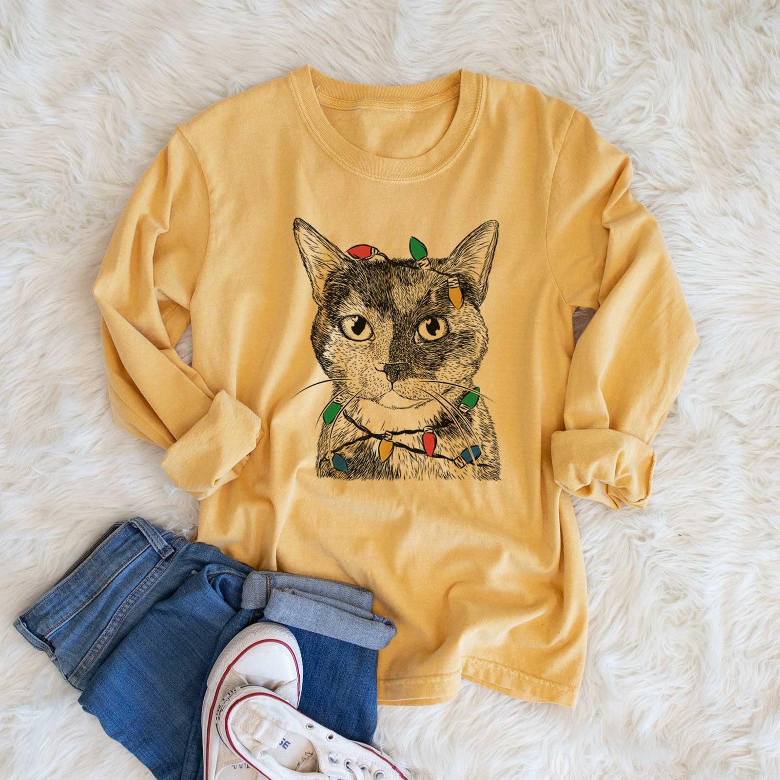 Christmas Lights Spooky Kitty the Tortoiseshell Cat - Heavyweight 100% Cotton Long Sleeve