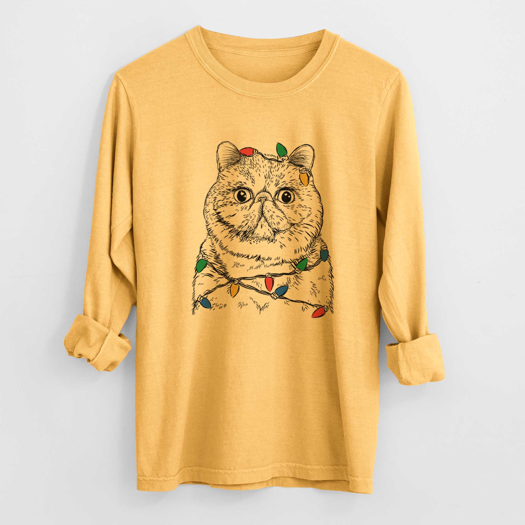Christmas Lights Squish the Exotic Shorthair Cat - Heavyweight 100% Cotton Long Sleeve