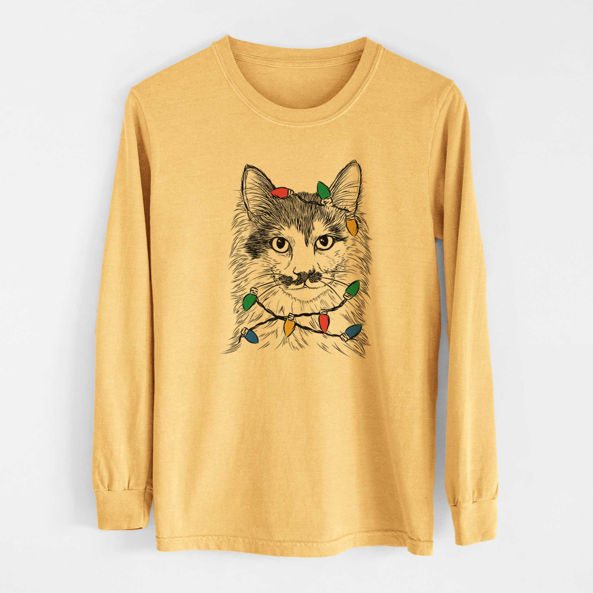 Christmas Lights Stache the Longhaired Mustard Cat - Heavyweight 100% Cotton Long Sleeve