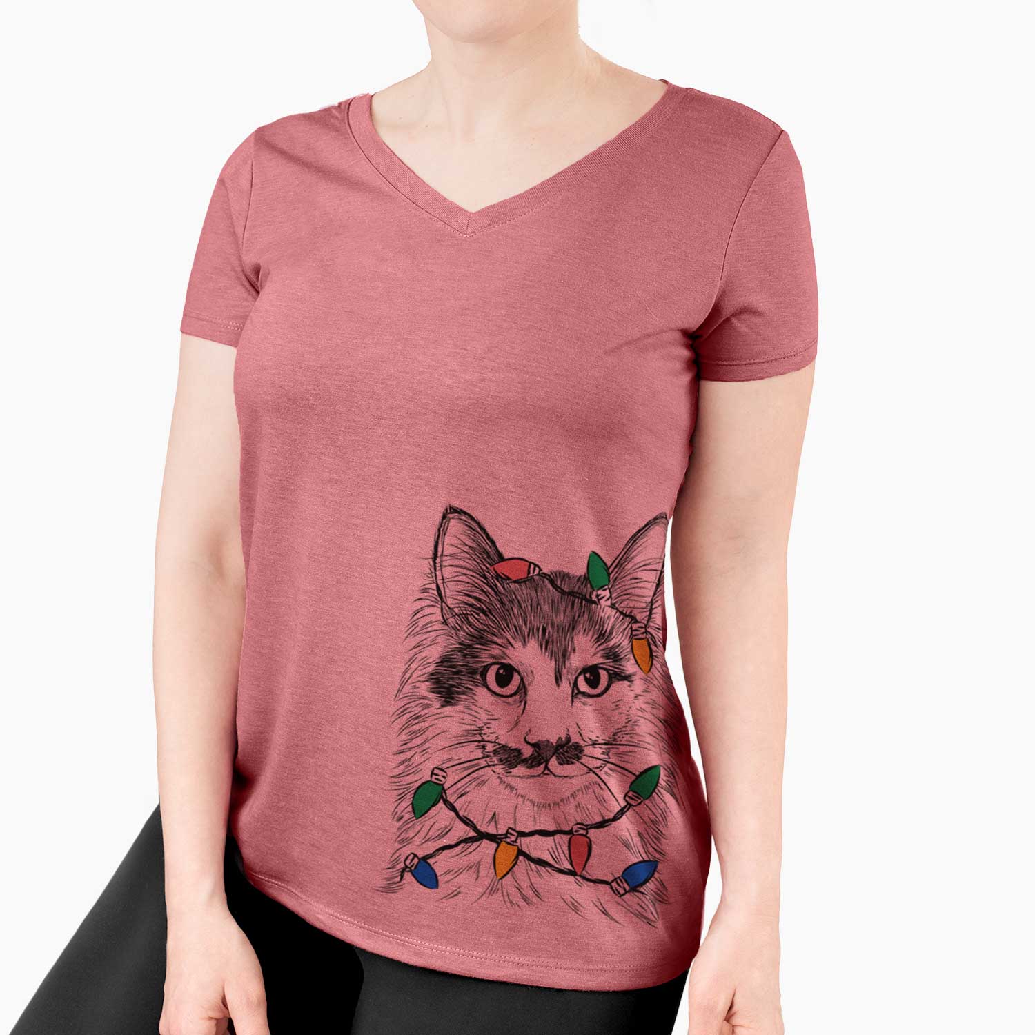 Christmas Lights Stache the Longhaired Mustard Cat - Women's V-neck Shirt