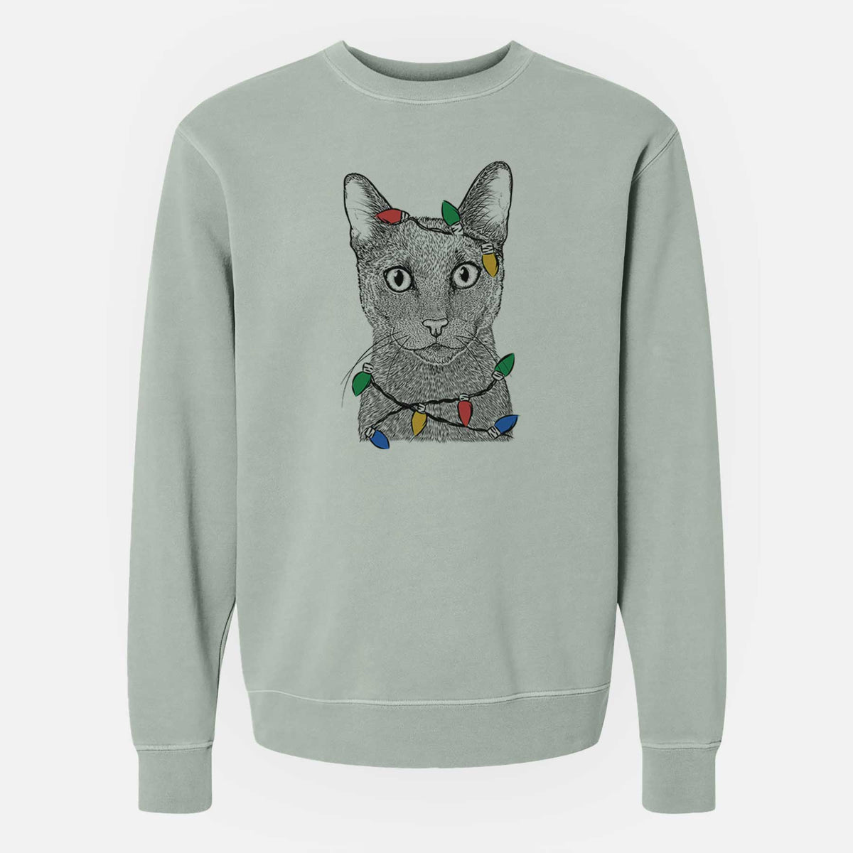 Christmas Lights Stanley the Russian Blue Cat - Unisex Pigment Dyed Crew Sweatshirt